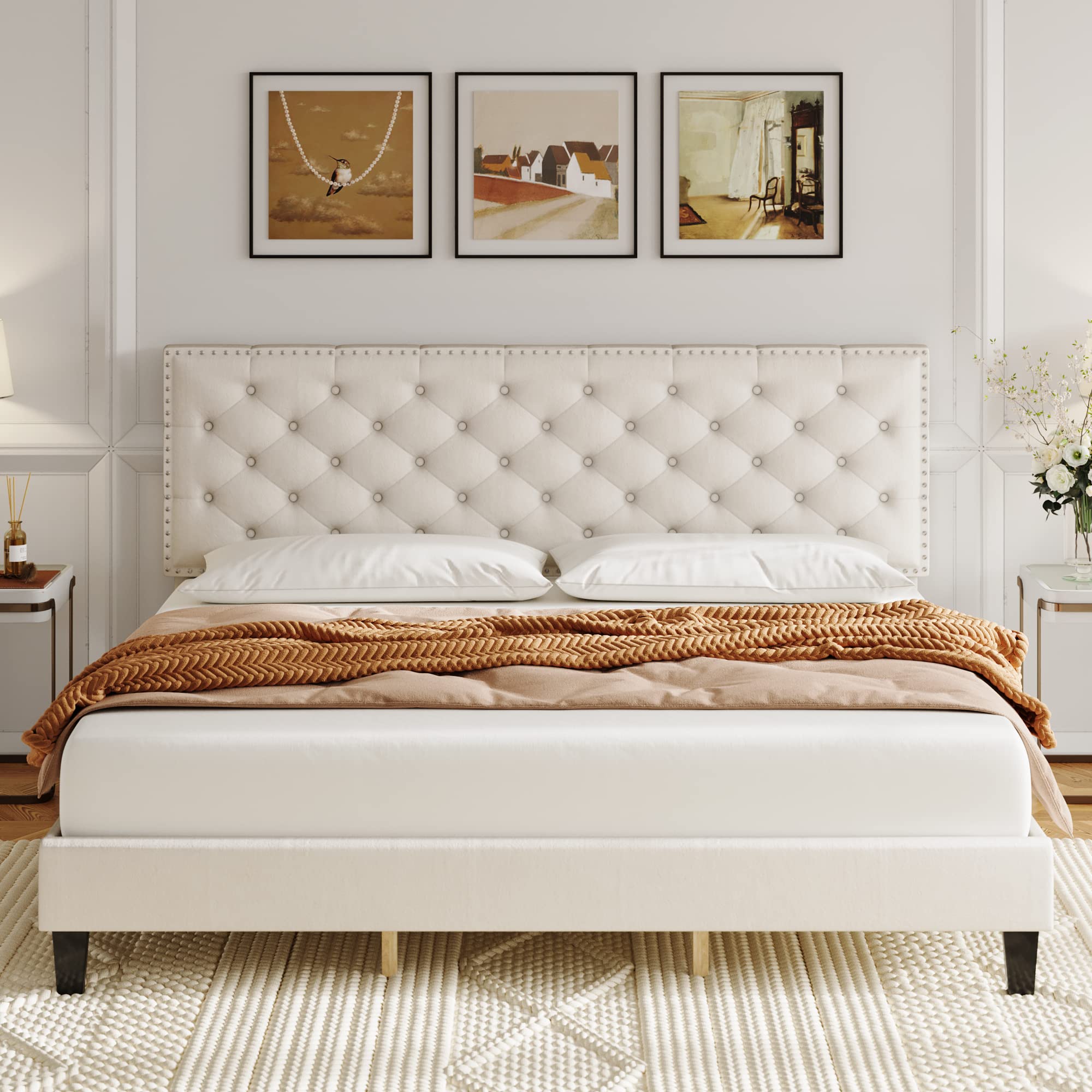 HOSTACK Queen Size Bed Frame - Modern Upholstered Platform Bed with Adjustable Headboard, Heavy Duty Button Tufted Design & Wood Slat Support | Easy Assembly, No Box Spring Needed | Perfect for Master Bedrooms, Guest Rooms & Small Apartments (Beige, Queen)