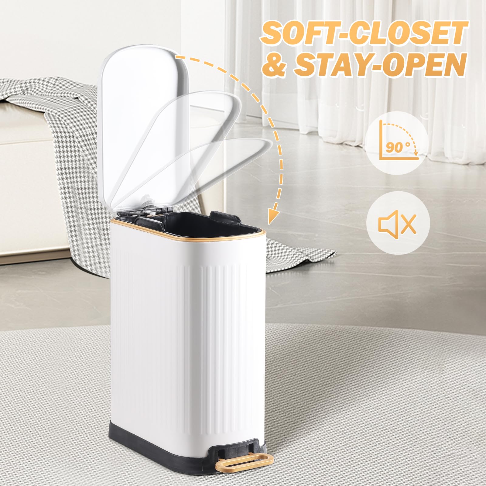 Slim Stainless Steel Bathroom Trash Can with Soft Close Lid - 3.5 Gallon Step Garbage Bin with Removable Inner Bucket - Perfect for Bathroom, Bedroom, Office & Kitchen (Matt White) - Space-Saving Design for Small Bathrooms & Modern Homes