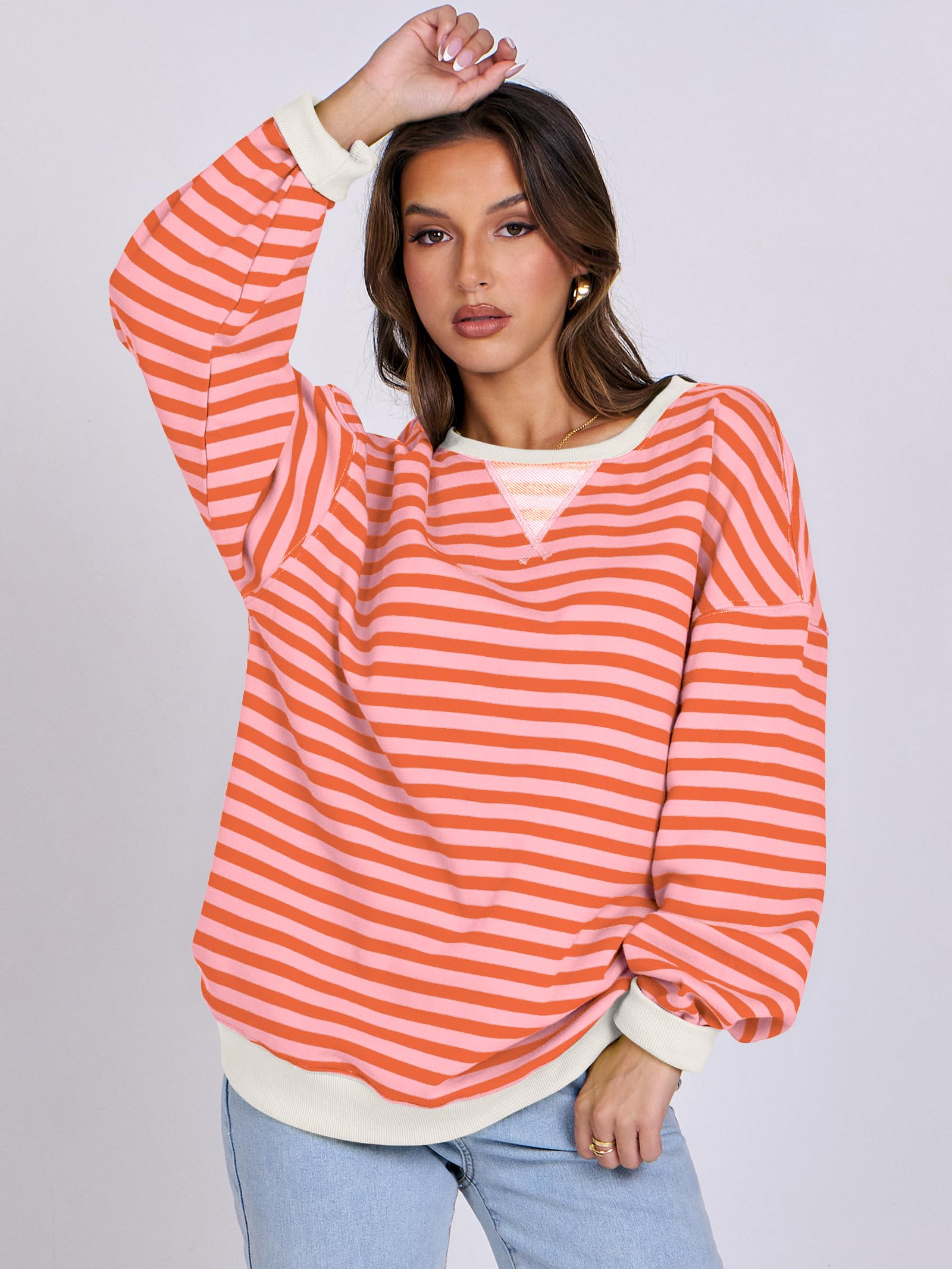 ANRABESS Women's Striped Sweatshirt - Long Sleeve Crewneck Oversized Pullover Top | Soft Casual Fall Fashion Sweater | Perfect for Autumn Outfits, Weekend Wear & Cozy Layering