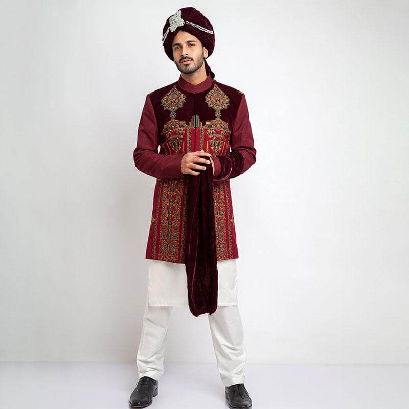 Burgundy and Maroon Velvet Short Sherwani for Men | Indian Wedding Outfit | Traditional Kurta for Festivals & Special Occasions | Perfect for Groom Wear, Diwali & Mehndi Ceremonies
