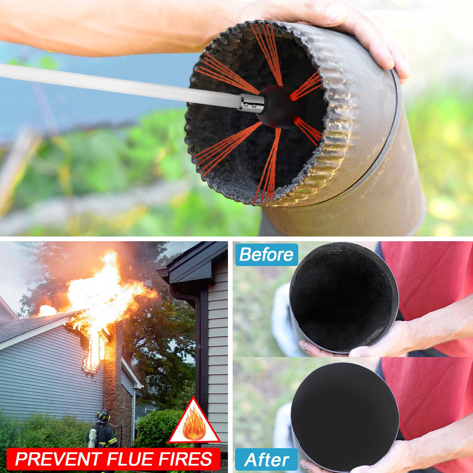 33FT Chimney Sweep Kit with Extension Rods - Flexible Nylon Rotary Brush for Fireplace Cleaning - Electric Drill Compatible Chimney Cleaning Tool (10 Rods Included) - Perfect for Wood Stove, Fireplace & Chimney Maintenance
