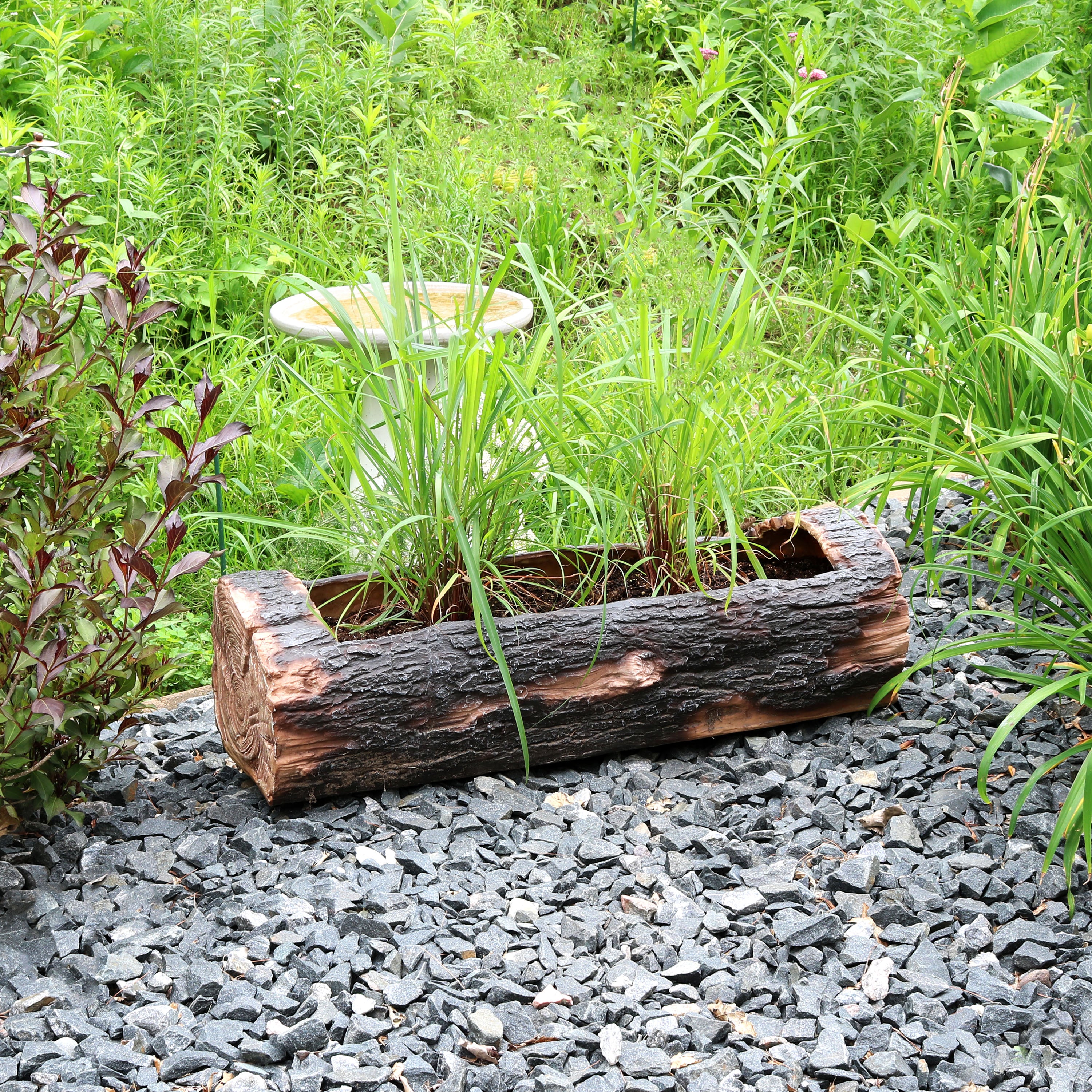 Rustic Polyresin Log Flower Pot Planter for Outdoor Garden Decor - 35 Inch Large Planter for Patio, Yard, and Landscape Design