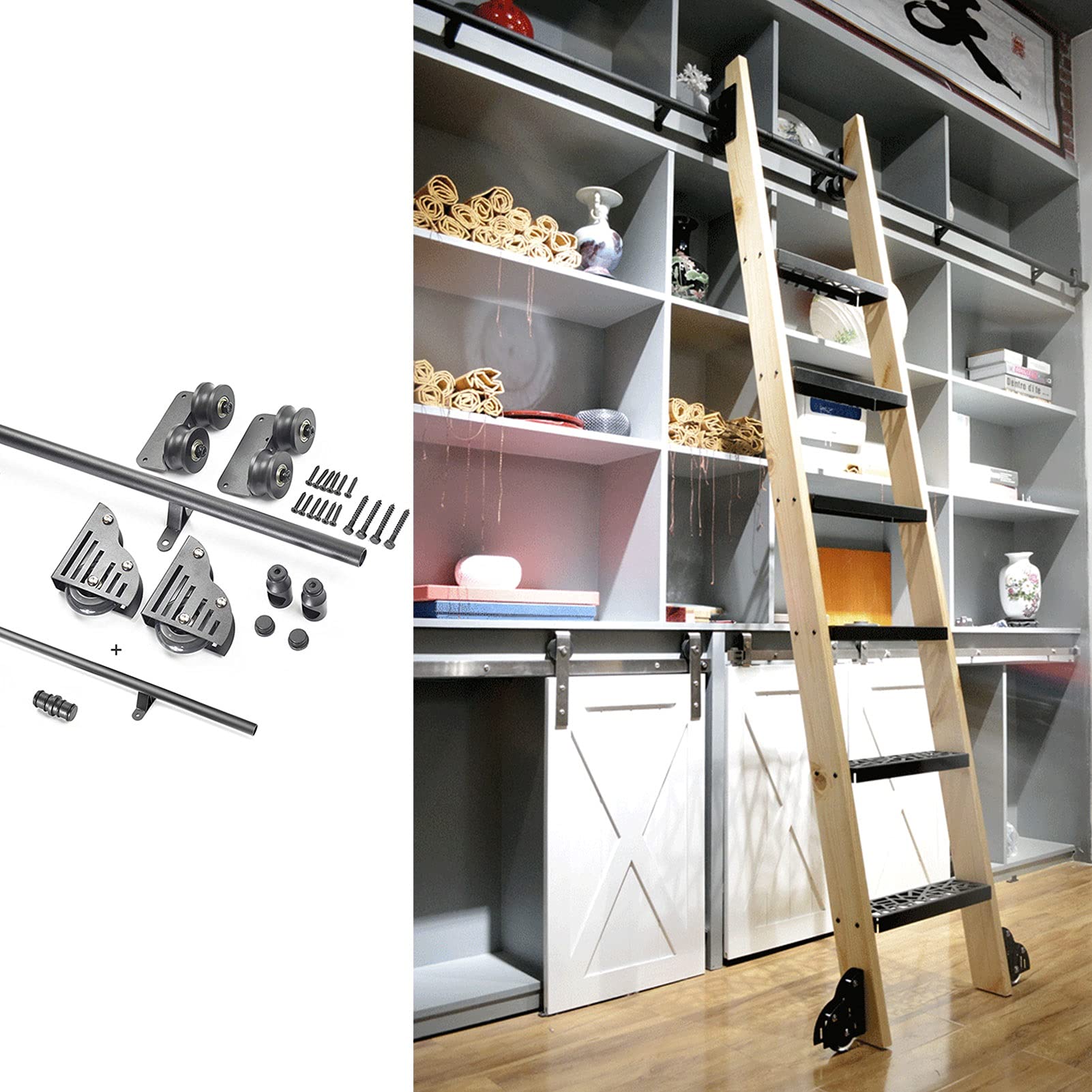 3.3 to 20 Feet Sliding Barn Door Hardware Kit with Round Rail & Ladder Wheels - Heavy Duty Sliding Door Track System for Home, Interior, Loft, Garage, and Industrial Use