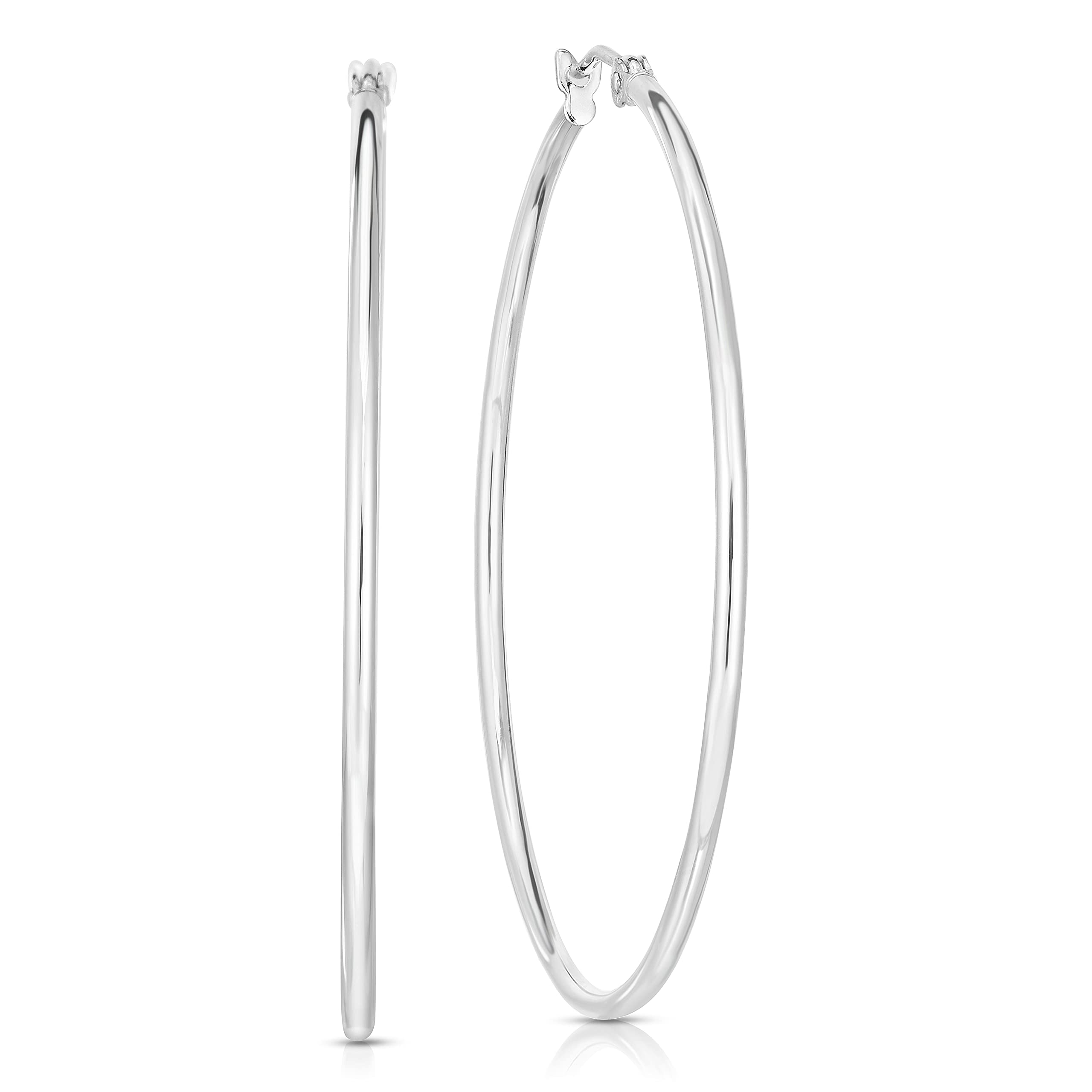 14K Gold Polished Hoop Earrings for Women - 1.5x45mm Hinged Closure, White Gold - Perfect for Everyday Wear, Parties & Special Occasions