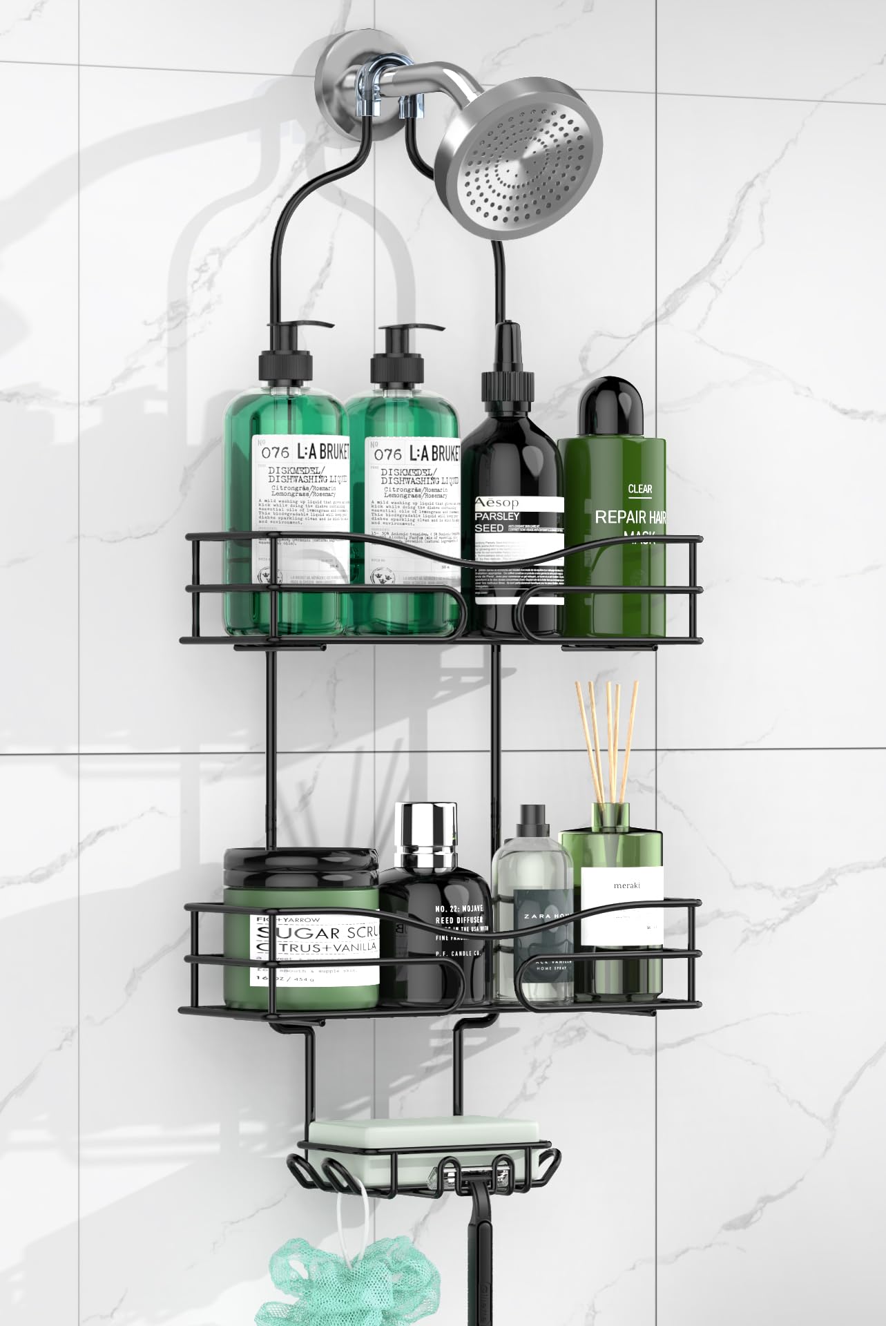 3-Tier Hanging Shower Caddy Organizer with Soap Holder & 6 Hooks - Bathroom Storage for Towels, Sponge & Toiletries - Fits 21mm Shower Head Arm - Space Saving Black Shower Shelf (Perfect for Small Bathrooms & Dorm Showers)