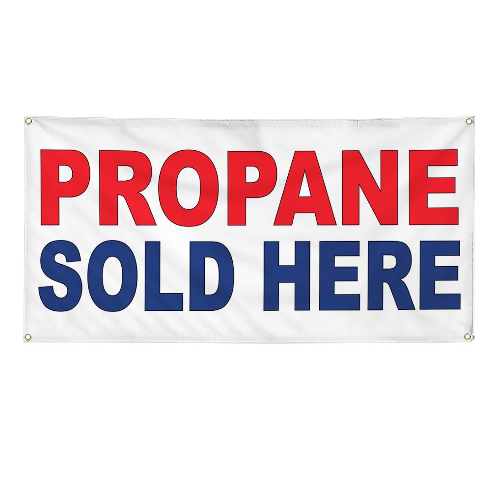 Custom Vinyl Banner - Durable Weatherproof Propane Sold Here Sign for Business & Outdoor Use - Red & Blue Industrial Yard Sign with 8 Grommets (48x96 Inches) - Perfect for Gas Stations, Construction Sites & Retail Stores