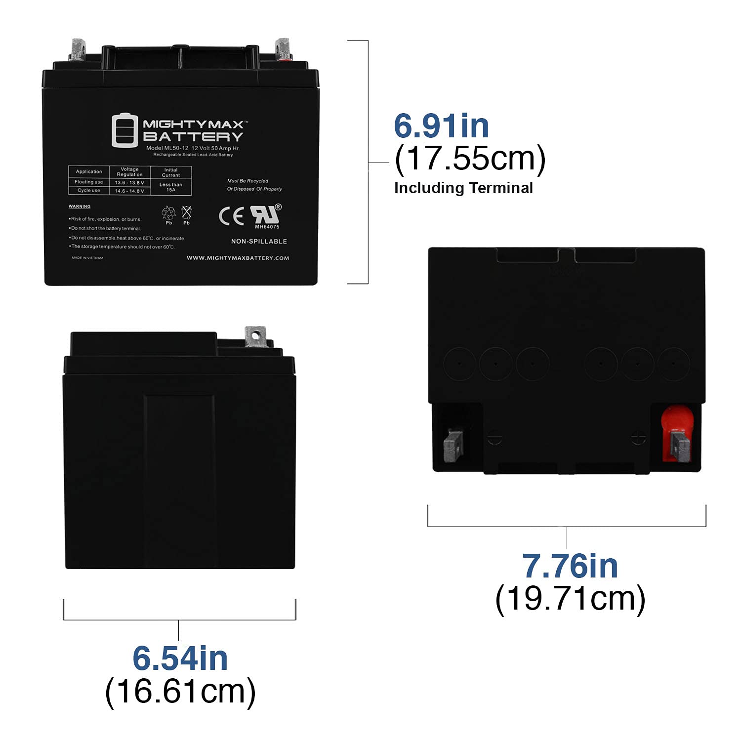 Mighty Max 12V 50AH SLA Replacement Battery for FirstPower LFP1250 - Deep Cycle AGM Battery for Solar, UPS, Medical Equipment & Power Wheels - Maintenance-Free Power Solution