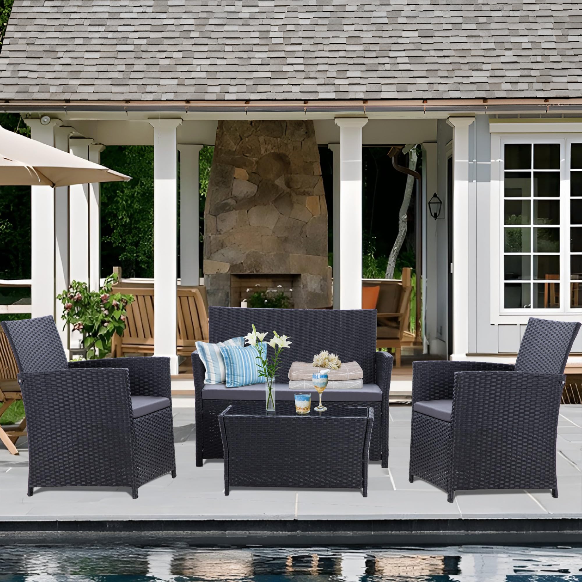 4-Piece Patio Furniture Set - Indoor/Outdoor Rattan Sectional Sofa with Gray Cushions, Black Wicker Conversation Set for Garden, Balcony, Backyard, Porch & Lawn - Perfect for Outdoor Entertaining & Relaxation