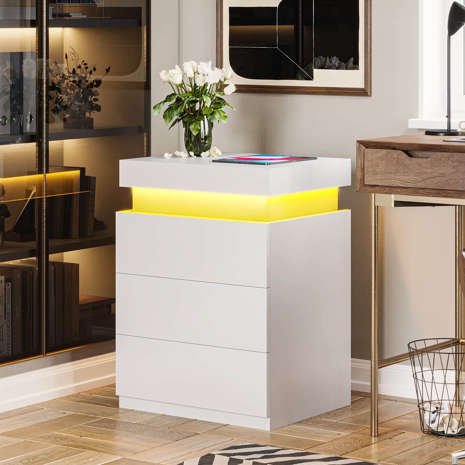 ADORNEVE Modern White Nightstand with USB Charging Station, LED Lights & Sliding Top - Bedside Table with Drawers for Bedroom - Perfect for Small Spaces, Apartment Living & Contemporary Home Decor