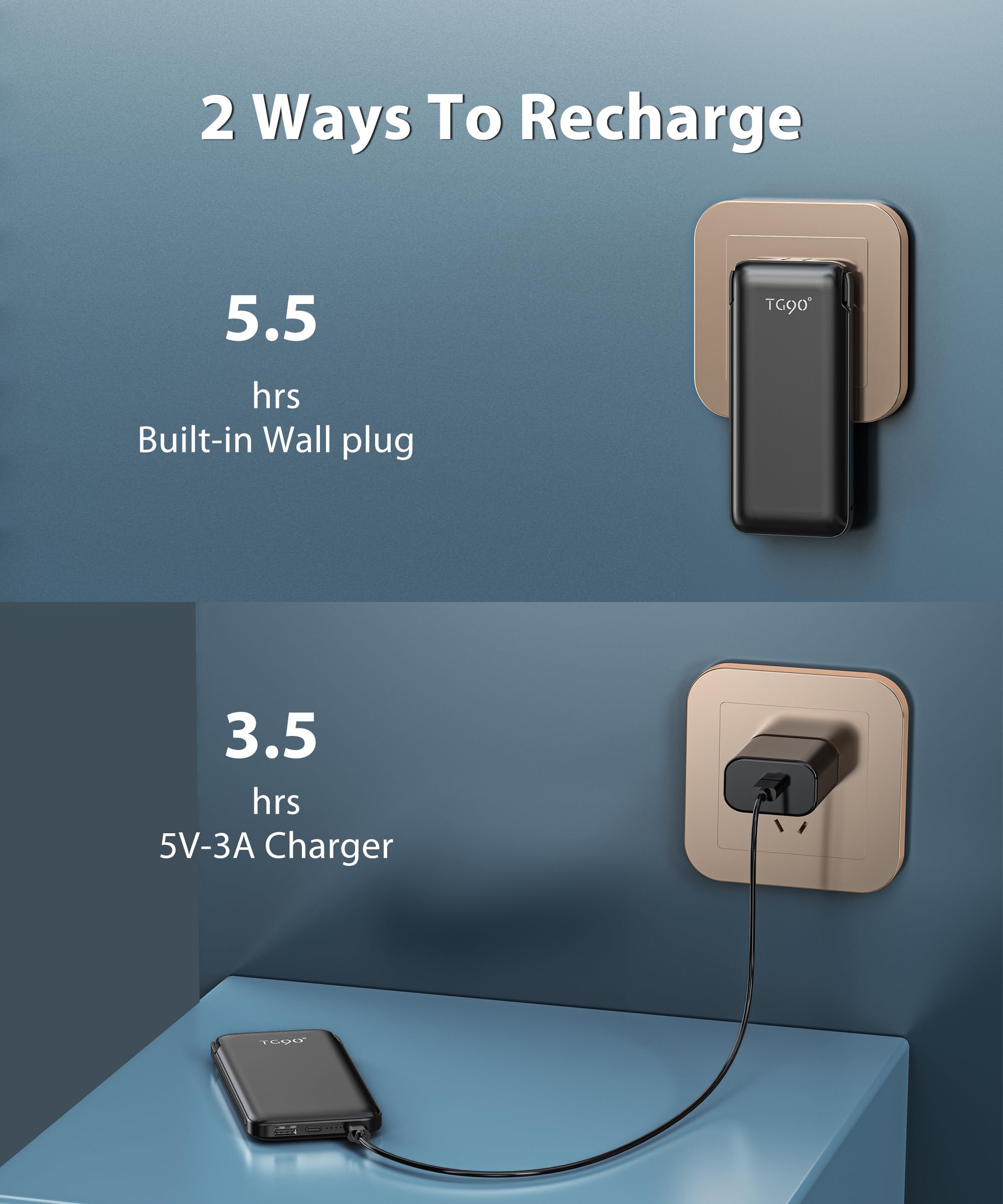 TG90° 10000mAh All-in-One Portable Charger with Built-in Cables & AC Wall Plug - Fast Charging Power Bank for iPhone, Android Phones - Perfect for Travel, Camping & Emergency Power Backup