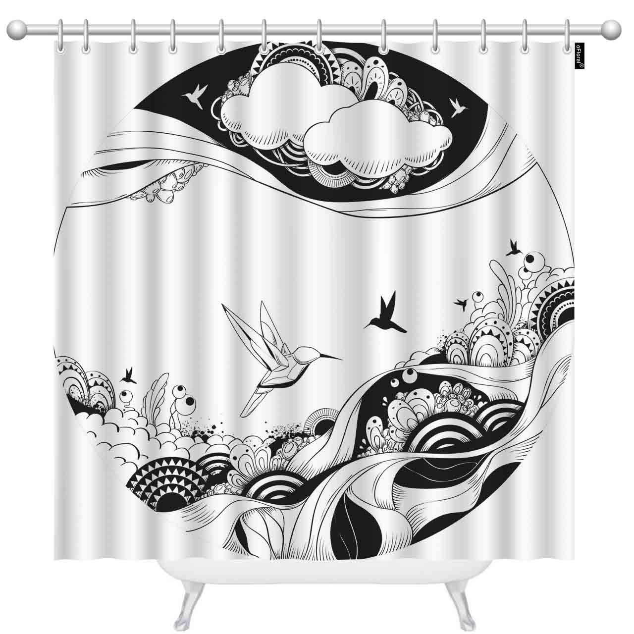 Floral Birdy Shower Curtain Set with 12 Hooks - Black and White Ink Sketch Bathroom Decor, 72x78 Inch Modern Psychedelic Design - Perfect for Boho, Retro & Vintage Style Bathrooms