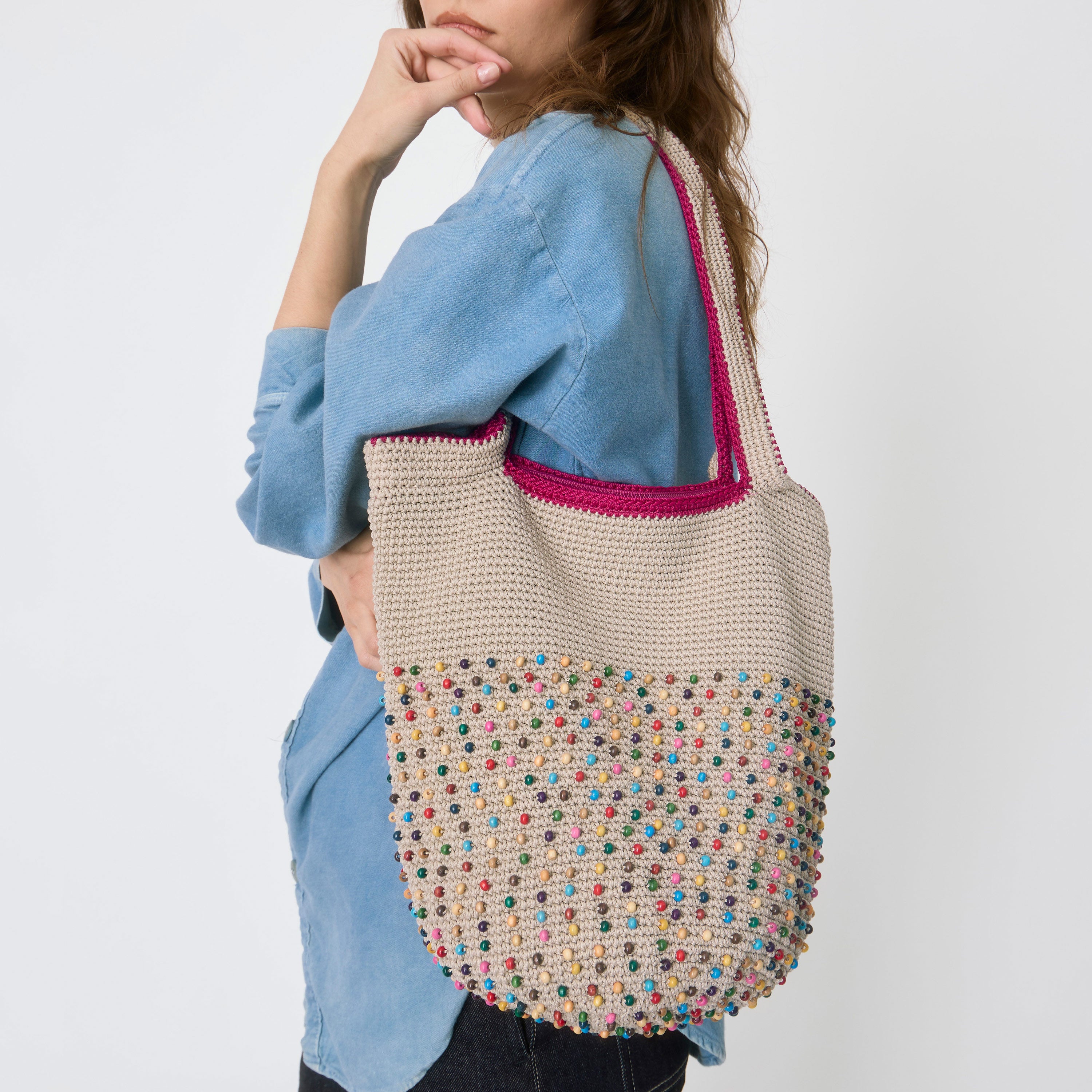Handmade 120 Tote Bag - Crochet Ecru Multi Bead Beach Bag for Women, Perfect for Shopping, Travel & Summer Outings