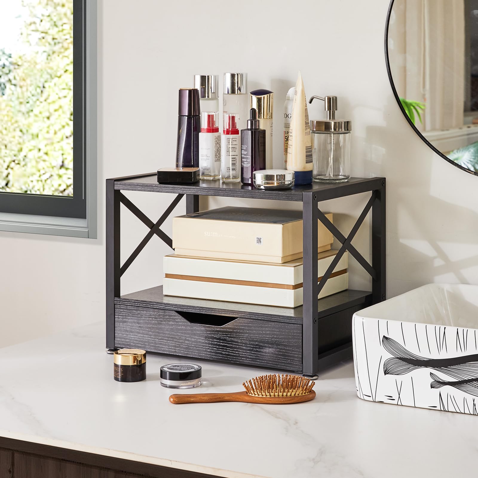 IBUYKE 2 Tier Wooden Desktop Printer Stand with Storage Drawer - Multi-Purpose Desk Organizer for Fax Machine, Scanner, Books & Office Supplies - Perfect for Home Office Workspace Organization (Black, TLJ006B)