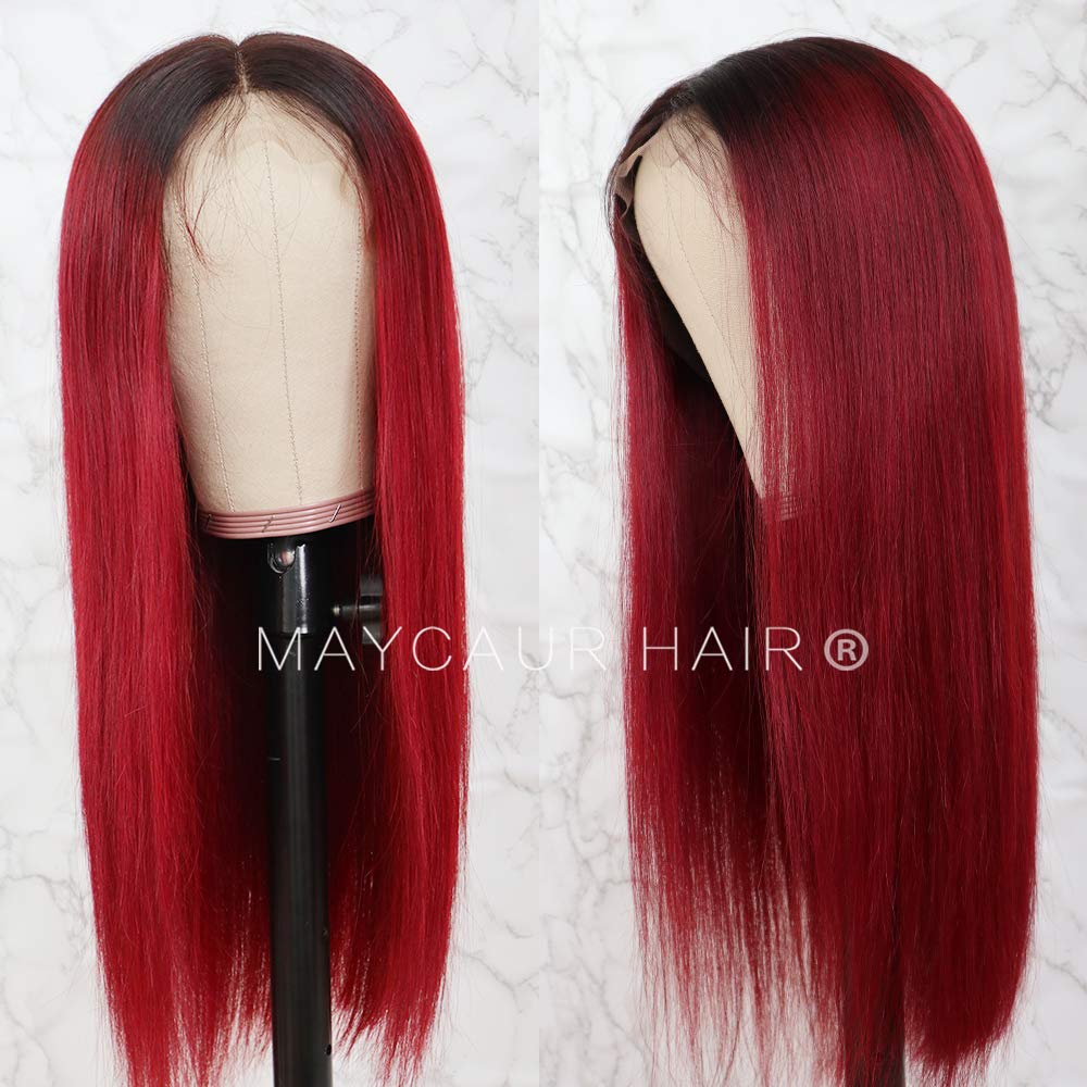 Maycaur Red Ombre Human Hair Lace Front Wig - Silky Straight #1B/Red Full Lace Wig with Baby Hair 130% Density (18 Inch) for Daily Wear, Cosplay & Special Occasions