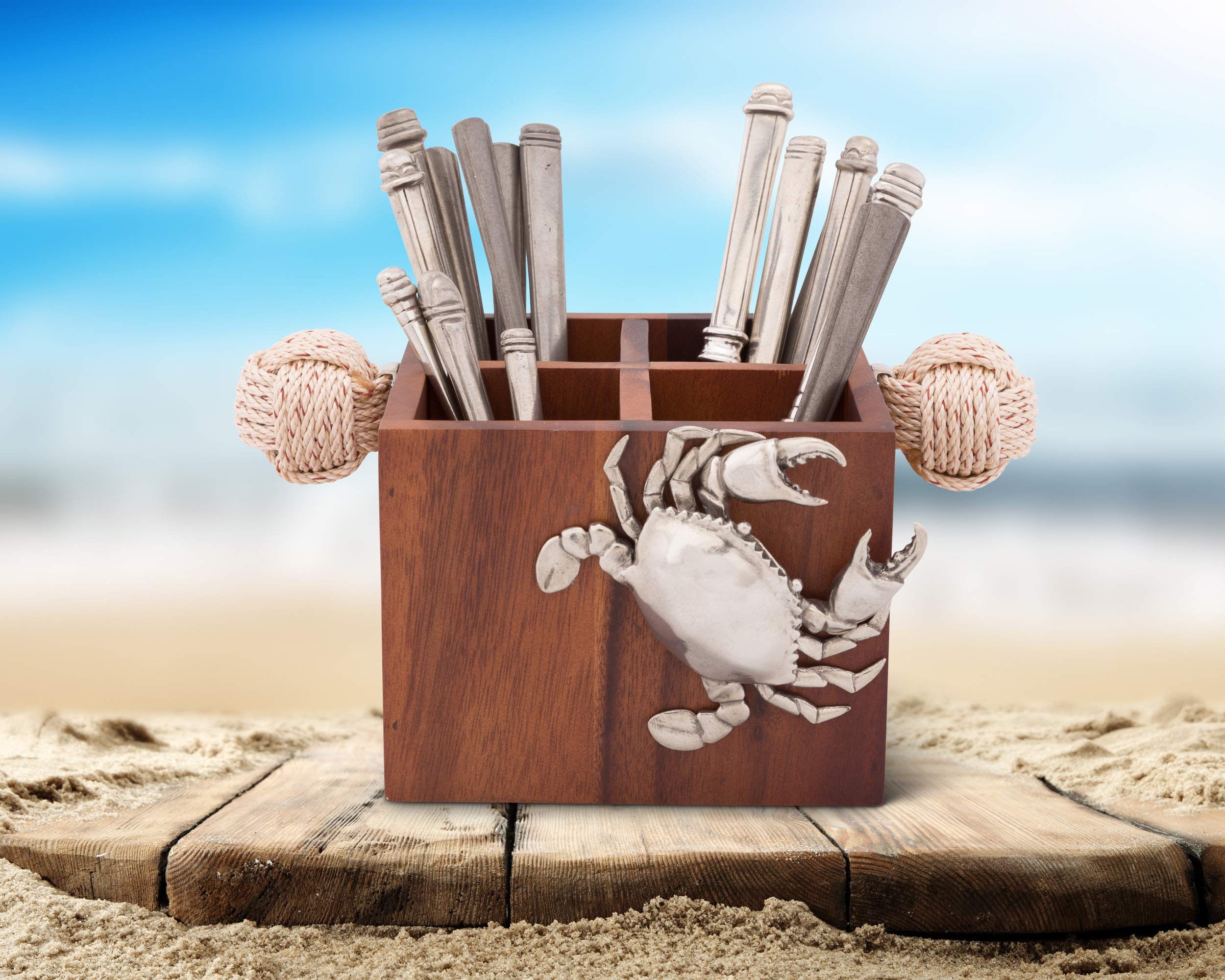 Vagabond House Caddy Square Acacia Wood Flatware Holder with Solid Pewter Crab Accent & Rope Handles - 4 Compartment Utensil Organizer (11