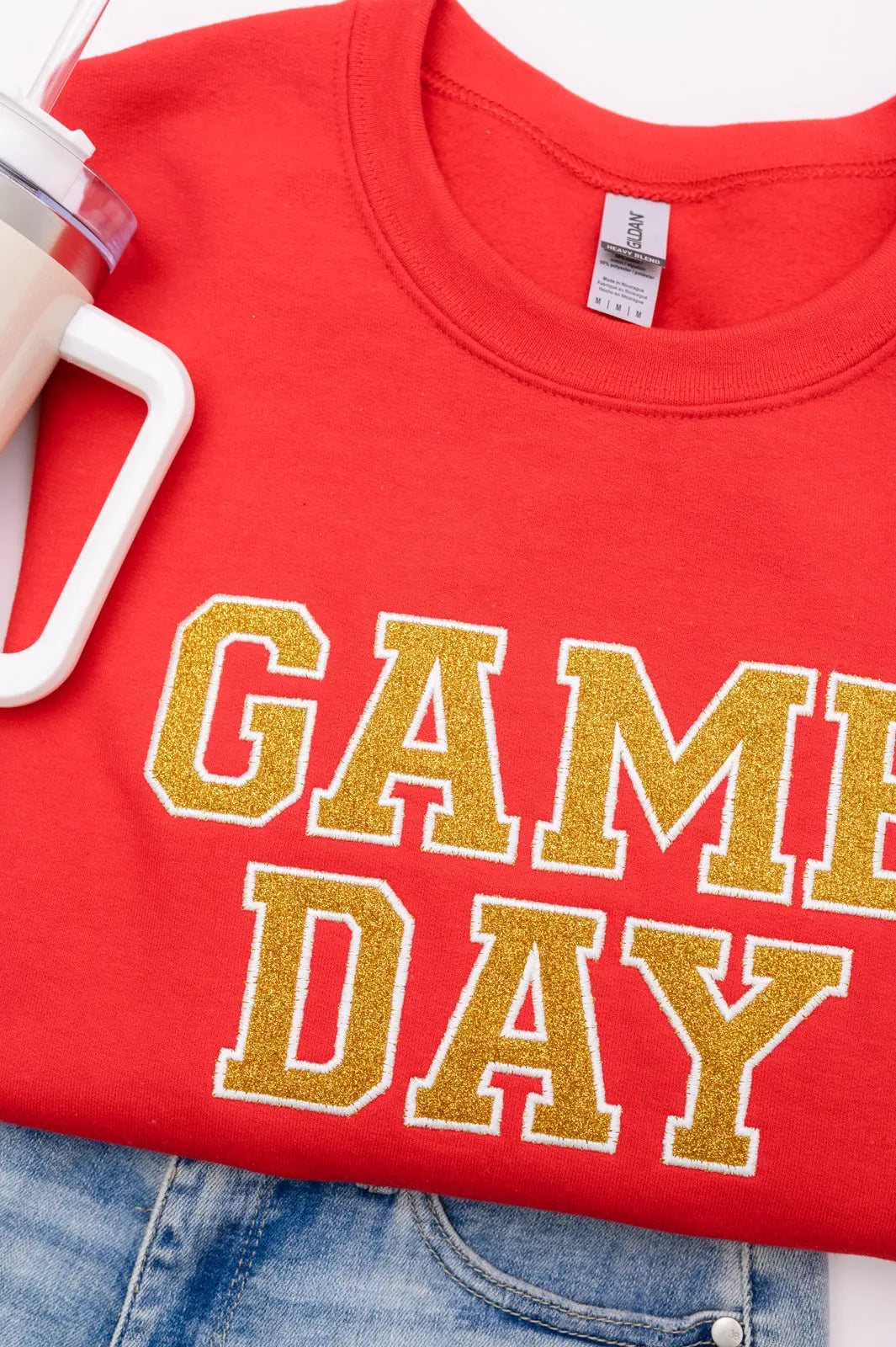 PREORDER: Embroidered Glitter Game Day Sweatshirt - Red & Gold Team Spirit Pullover for Football, Basketball & Tailgate Parties | Comfortable Fan Apparel for Sports Events & Casual Wear