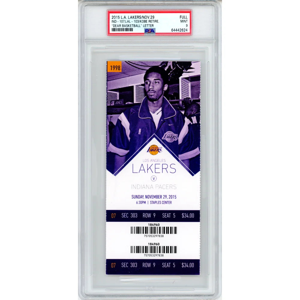 Kobe Bryant Dear Basketball Retirement Authentic Ticket 11/29/15 PSA 9 Lakers - Perfect for NBA Memorabilia Collectors & Lakers Fans