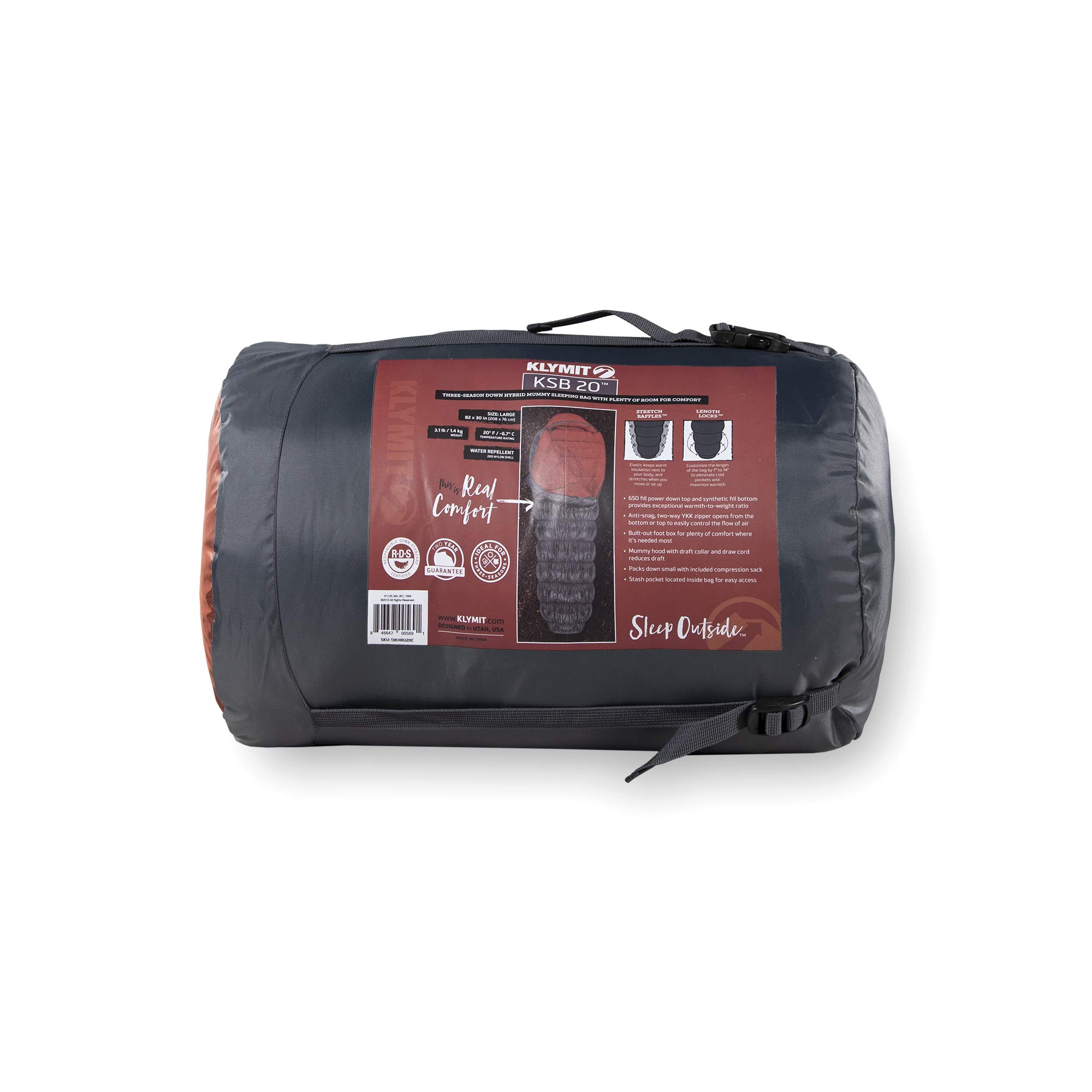 Klymit KSB Lightweight Mummy Sleeping Bag for Cold Weather - 20°F Comfort Rating, Compact & Portable for Camping, Hiking, Backpacking - Perfect for Outdoor Adventures in Mountains & Wilderness (Gray, Large)