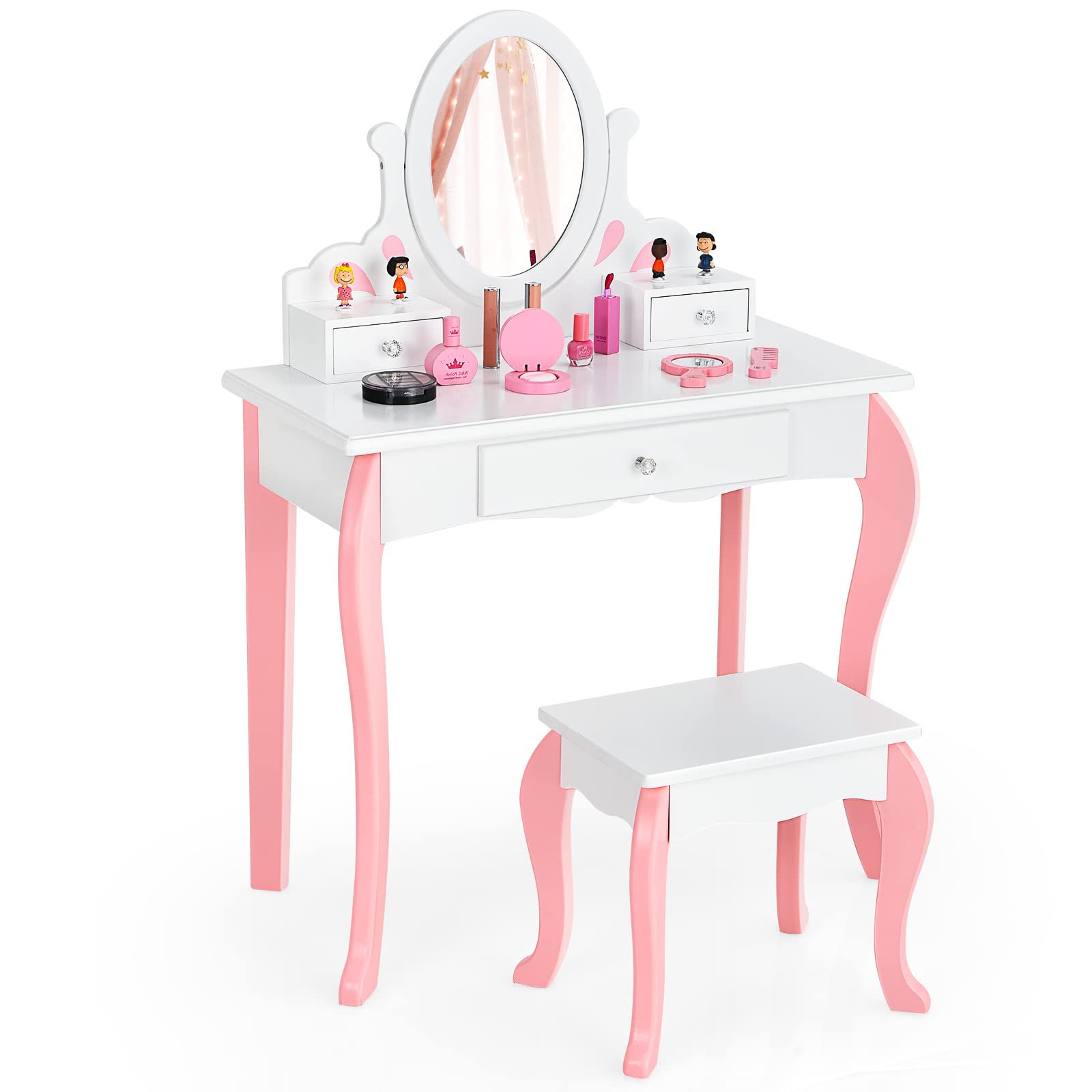 Olakids 2-in-1 Wooden Princess Vanity Set with 360° Rotating Mirror & Storage Drawer - Kids Makeup Table & Chair for Girls, Pretend Play Beauty Dressing Toy Gift (White) - Perfect for Bedroom Decor & Role Play Activities