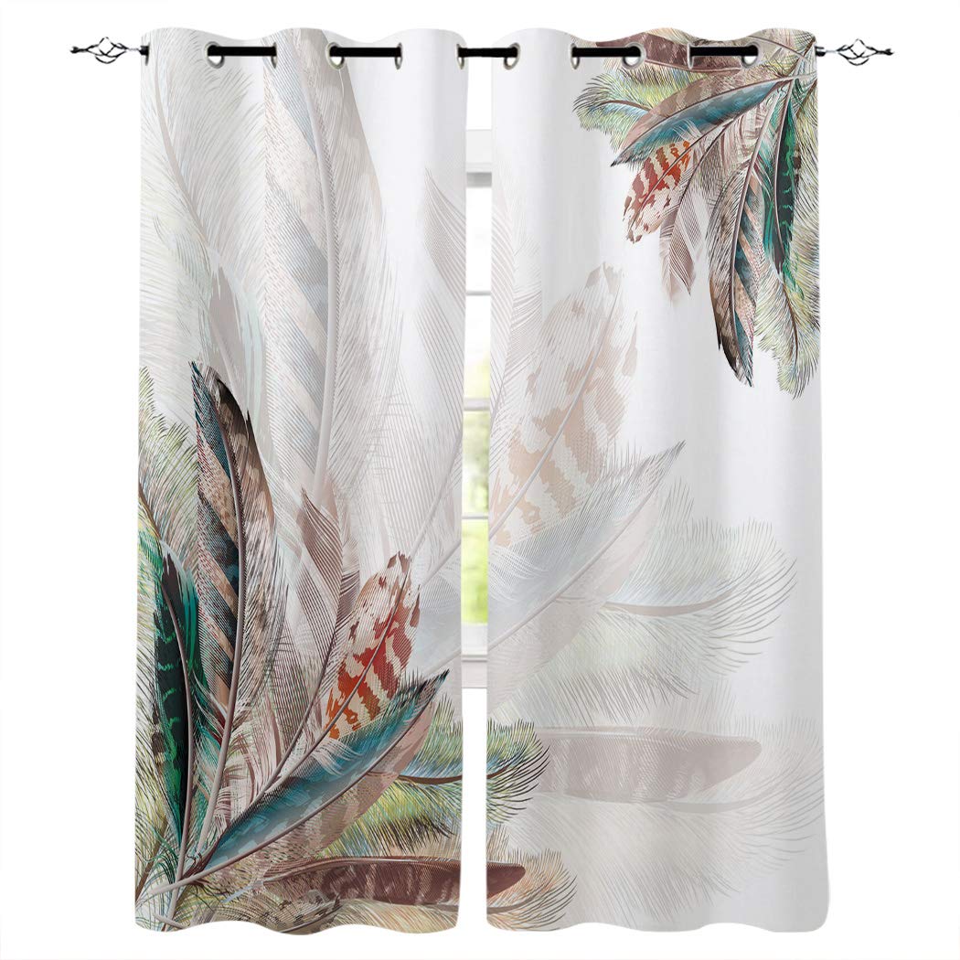 Blackout Curtains for Bedroom - Thermal Insulated Room Darkening Curtains with Colorful Feathers Design, Grommet Window Drapes for Sliding Glass Doors & Patio Doors (Set of 2 Panels, 40x84 Inches) - Perfect for Home, Office, and Nursery Light Control & Privacy