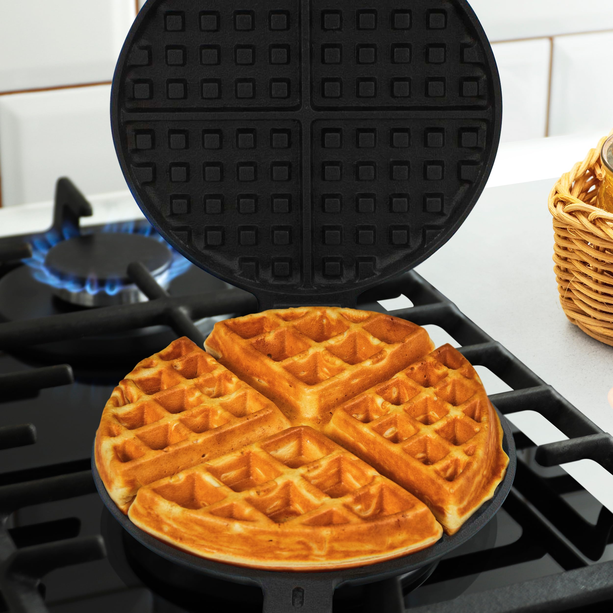 Premium 6-Inch Cast Iron Waffle Maker - Stovetop Waffle Iron Pan for Camping, Home & Outdoor Cooking - Perfect for Breakfast, Desserts & Campfire Meals