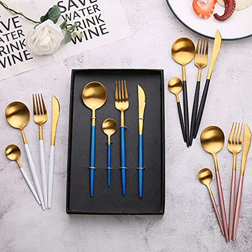 16-Piece Gold Plated Stainless Steel Silverware Set - 18/10 Dinner Knife & Fork Cutlery Set for Travel, Camping & Picnics - Elegant Red Tableware by ZZYY - Perfect for Outdoor Dining, Parties & Gifts