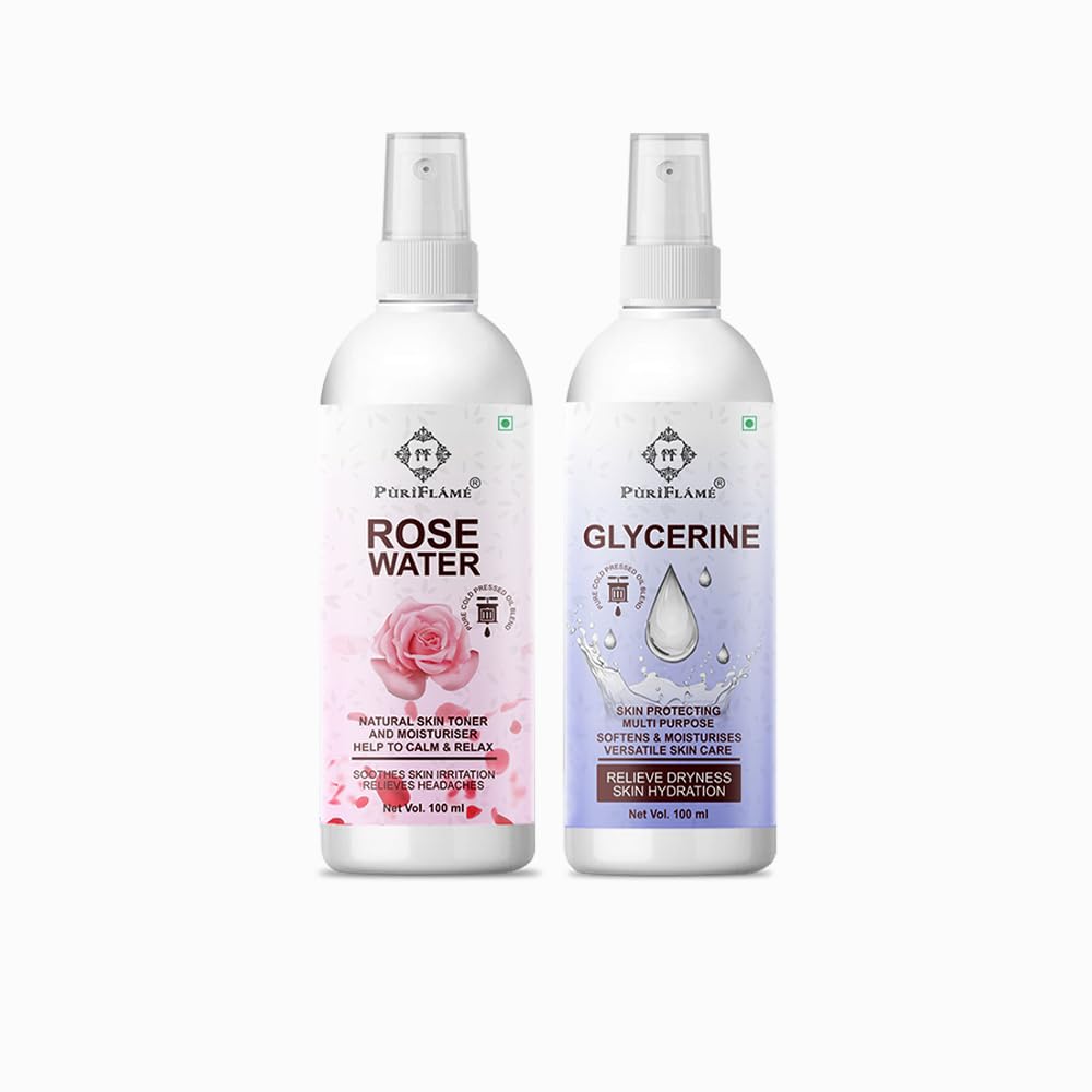 **PuriFlame 100% Pure Rose Water & Glycerine Combo Pack (2 x 100ml) – Hydrates Skin, Prevents Blackheads & Acne, Relieves Dryness – Perfect for Daily Skincare & DIY Beauty Treatments**