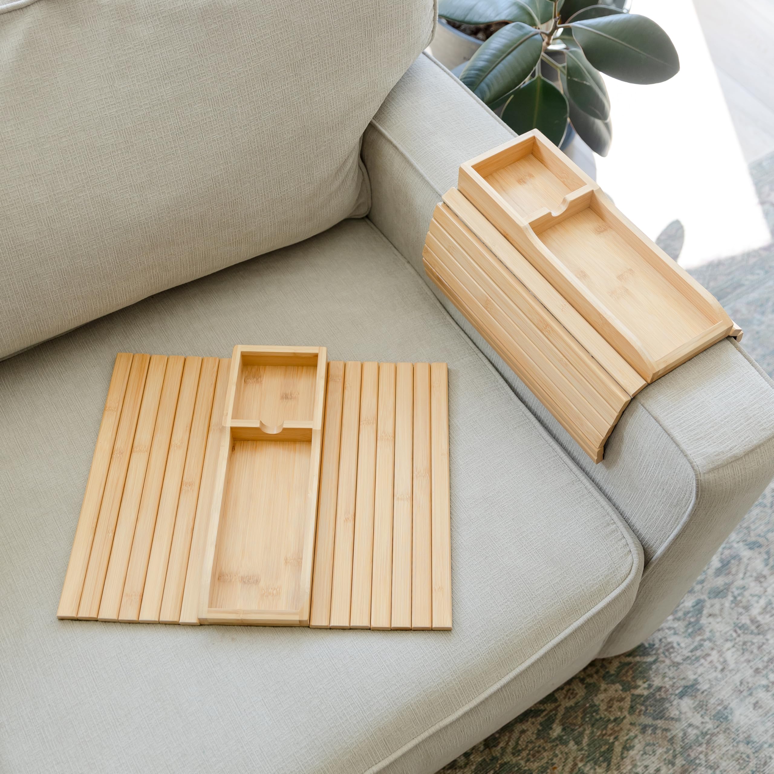 2-Pack Anti-Slip Bamboo Couch Cup Holder Tray - Foldable Sofa Arm Organizer for Drinks, Snacks, Remote & Phone - Easy Clean Couch Caddy for Movie Nights, Gaming & Relaxing in Living Room