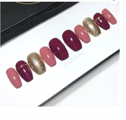 LOOK NAILS Glossy Nude & Maroon Press-On Nails with Golden Glitter - 12pcs Oval Fake Nails Kit with Glue & Nail Tips - Acrylic Nail Extensions for Women | Perfect for Parties, Weddings & Special Occasions