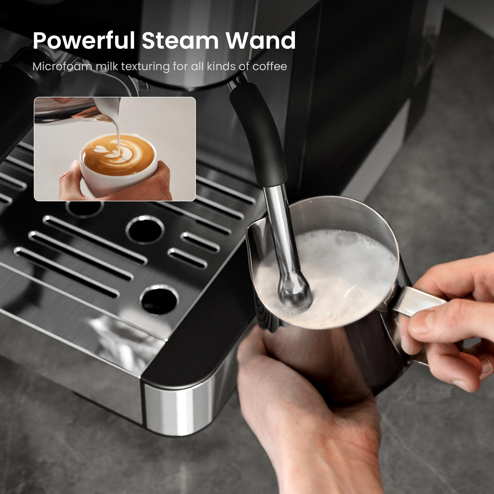 Kismile 20 Bar Professional Espresso Machine with Built-in Grinder, Removable Water Tank & Milk Frother - Perfect for Latte, Cappuccino - Ideal for Home, Office & Coffee Shops (Black)