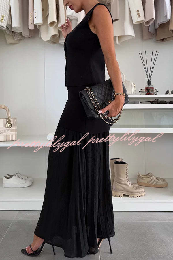 Elegant Knit & Tulle Elastic Waist Pleated Maxi Skirt for Women - Boho Chic Flowy Long Skirt for Summer, Beach, Parties & Special Occasions