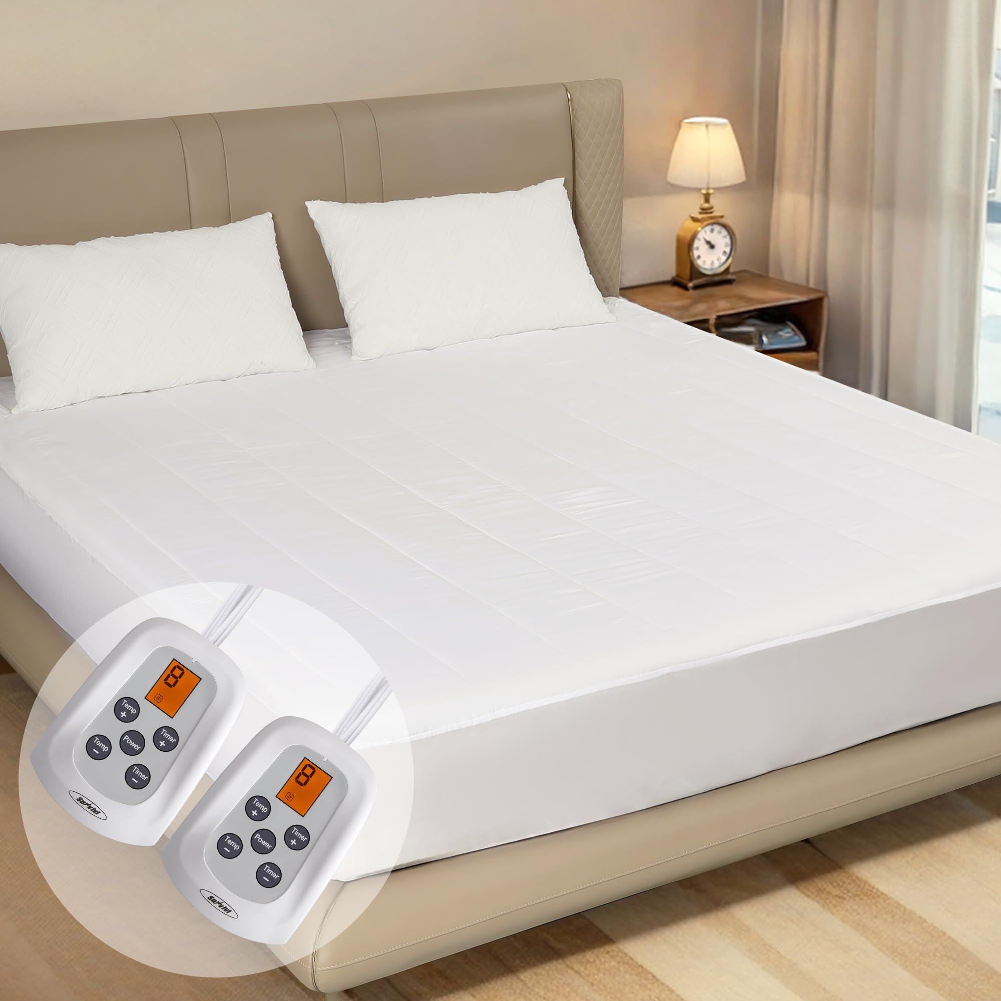 Sunvivi Queen Size Heated Mattress Pad - Electric Bed Warmer with 12-Hour Timer & 10 Heat Settings, Dual Controller, Machine Washable (60