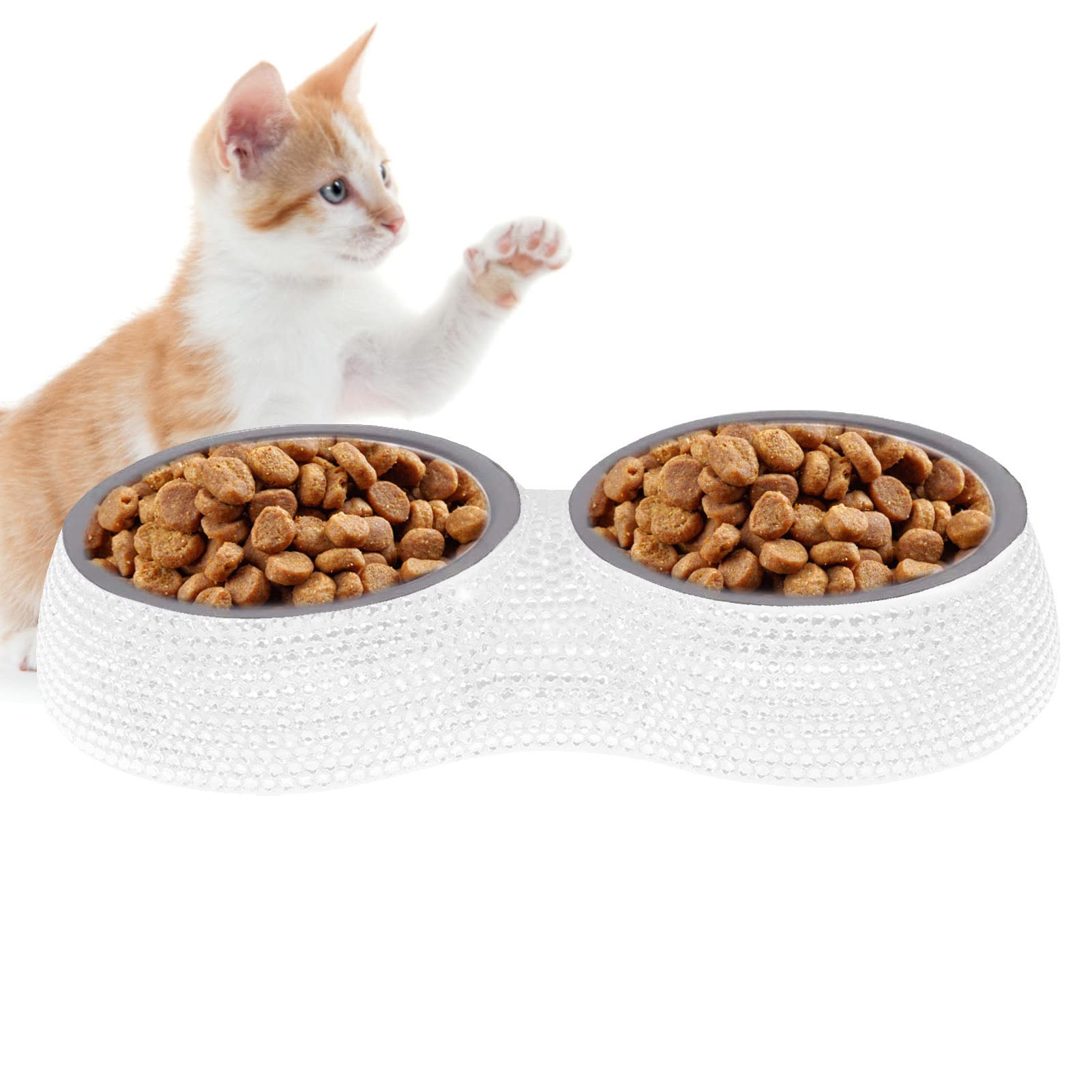 Sparkling Rhinestone Pet Bowls - Stainless Steel Double Food & Water Feeder for Cats & Dogs - Durable Puppy Supplies for Home, Travel & Outdoor Use