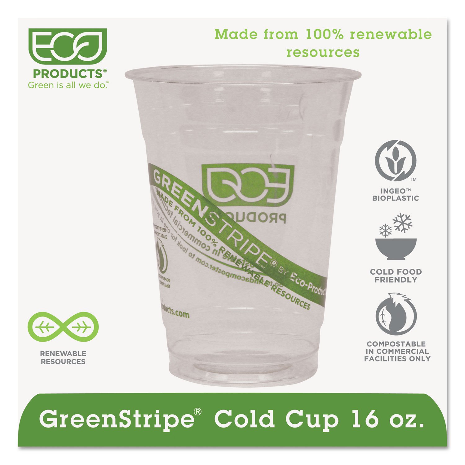 Eco-Products EPCC16GS GreenStripe 16oz Compostable Cold Cups - 50/Pack, 20 Packs/Case | Biodegradable & Eco-Friendly Drinkware for Parties, Picnics, and Office Use