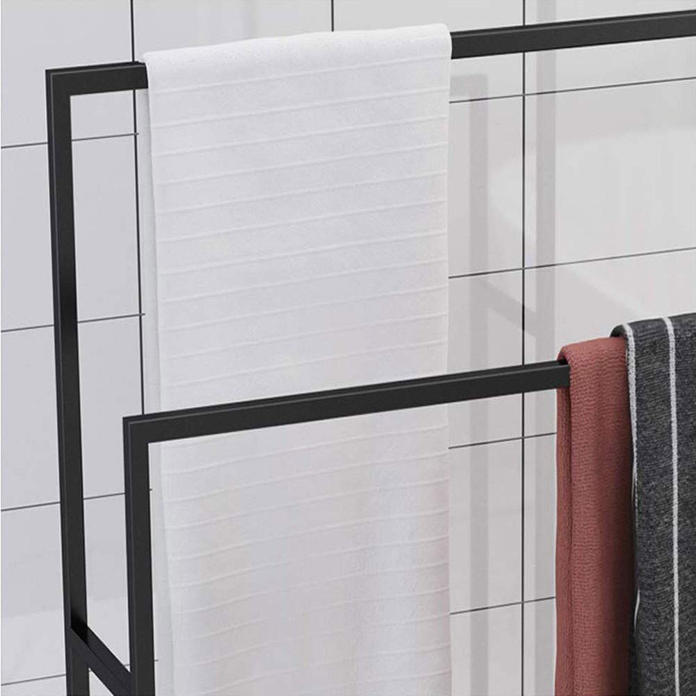 Freestanding Towel Rack for Bathroom - 2-Tier Black Metal Towel Holder Stand with Valet Organizer | Space-Saving Towel Bar for Pool, Shower & Bathtub | Perfect for Small Bathrooms, Guest Rooms & Spa Areas (85x20x110cm)