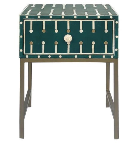 Handmade Bone Inlay Nightstand with Lamp - Vintage Boho Bedside Table for Bedroom Decor, Perfect for Reading & Relaxing