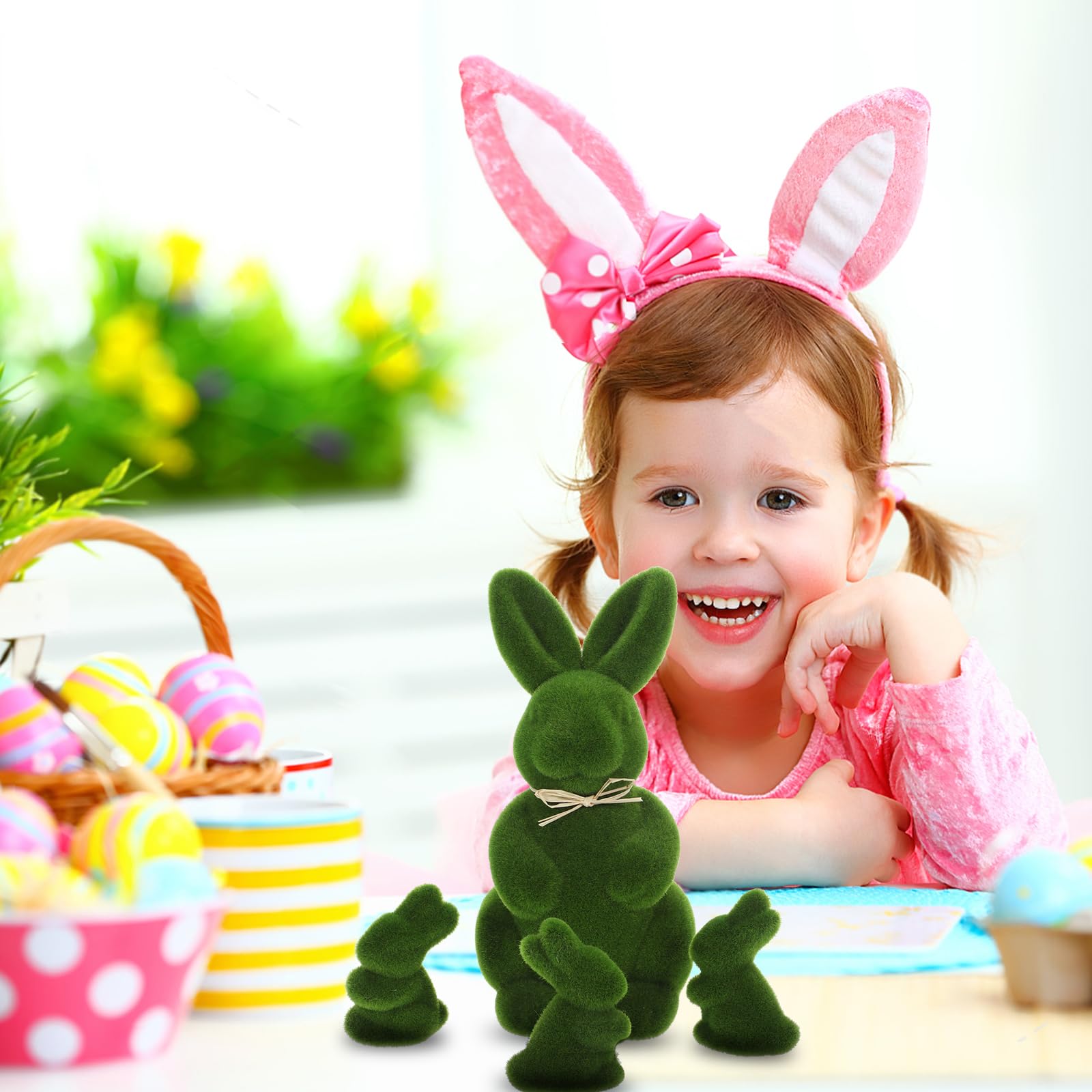 4pcs Flocked Bunny Rabbit Figurines - Easter Artificial Turf Grass Decorations for Yard, Garden & Home - Cute Easter Party Favors & Spring Decor