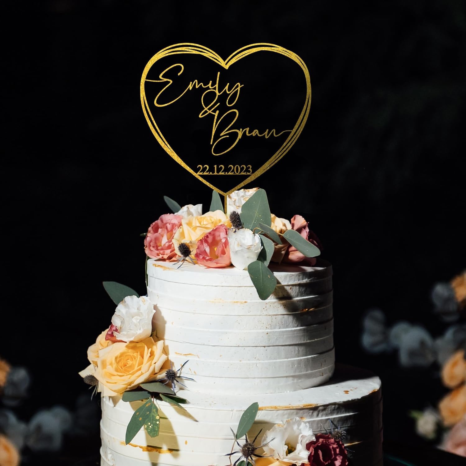 Custom Heart-Shaped Wooden Wedding Cake Toppers - Personalized Love & Anniversary Cake Decorations for Weddings, Anniversaries & Romantic Celebrations - CT06