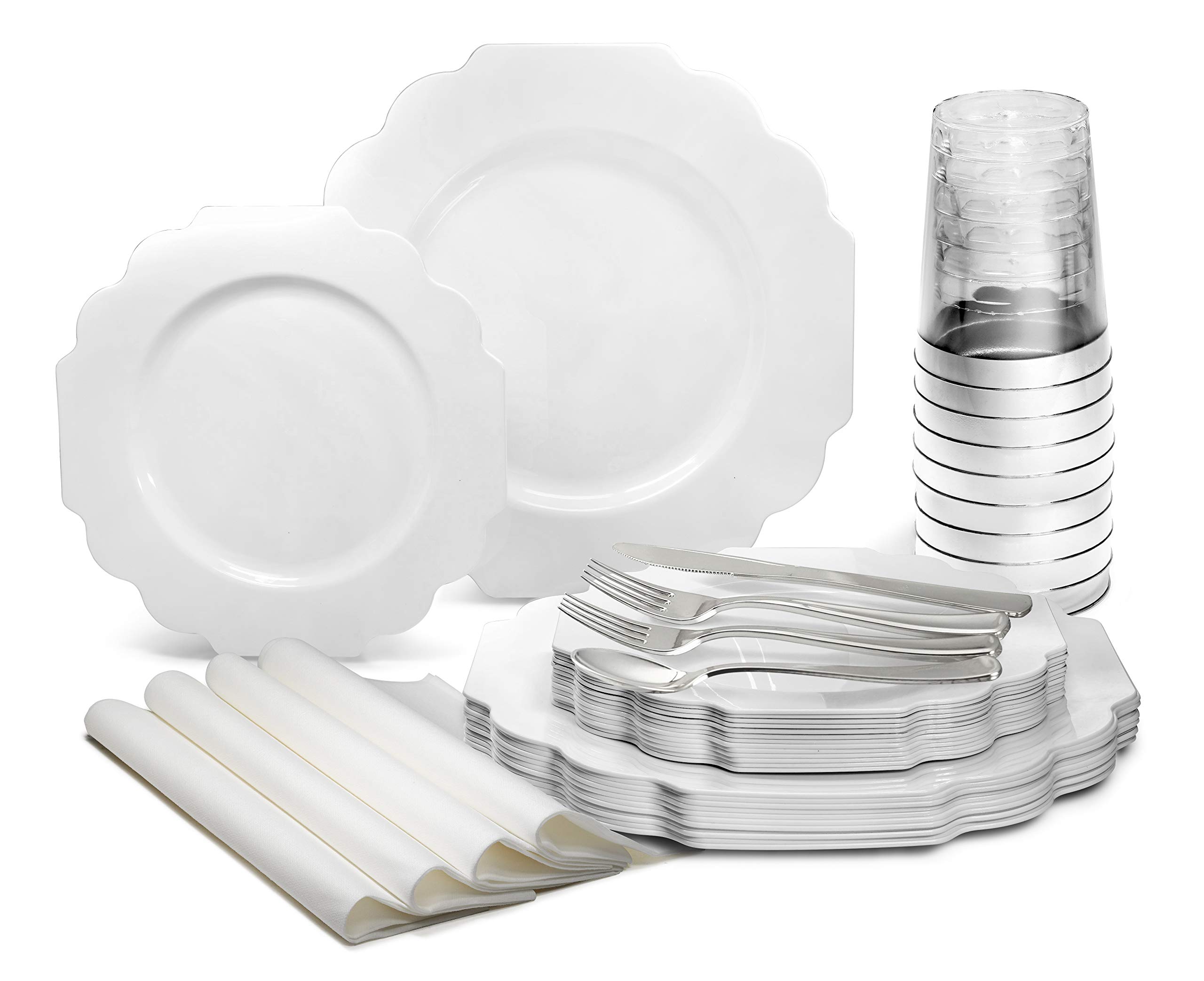 640-Piece Heavyweight Disposable Plastic Plate Set for 80 Guests - 10.5'' & 8'' Plates, Silverware, Cups & Napkins - Elegant White Wedding Party Dinnerware | Perfect for Weddings, Banquets & Large Gatherings