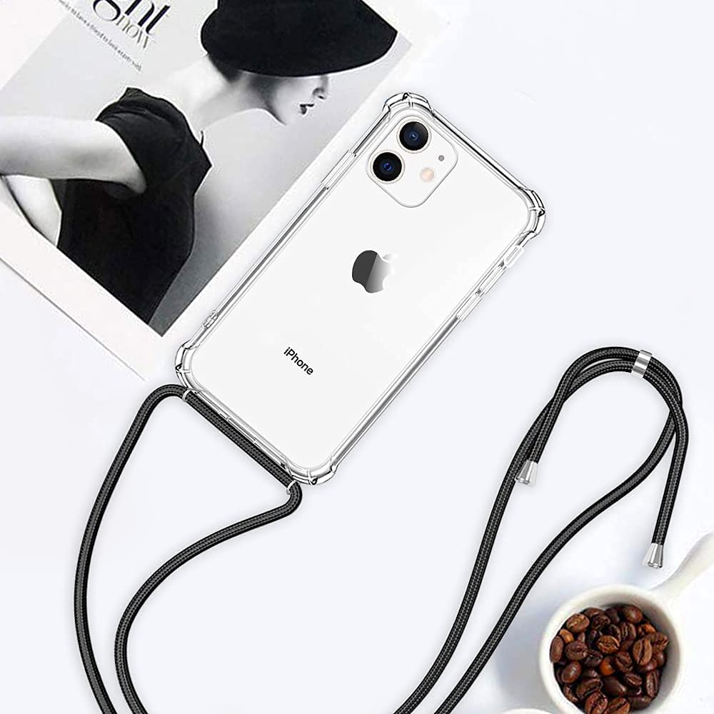 YESPURE Clear Shockproof TPU Phone Case for iPhone 11 with Adjustable Neck Strap - Slim Protective Cover for Women, Soft Crossbody Design (Black) | Perfect for Travel, Work, and Everyday Use