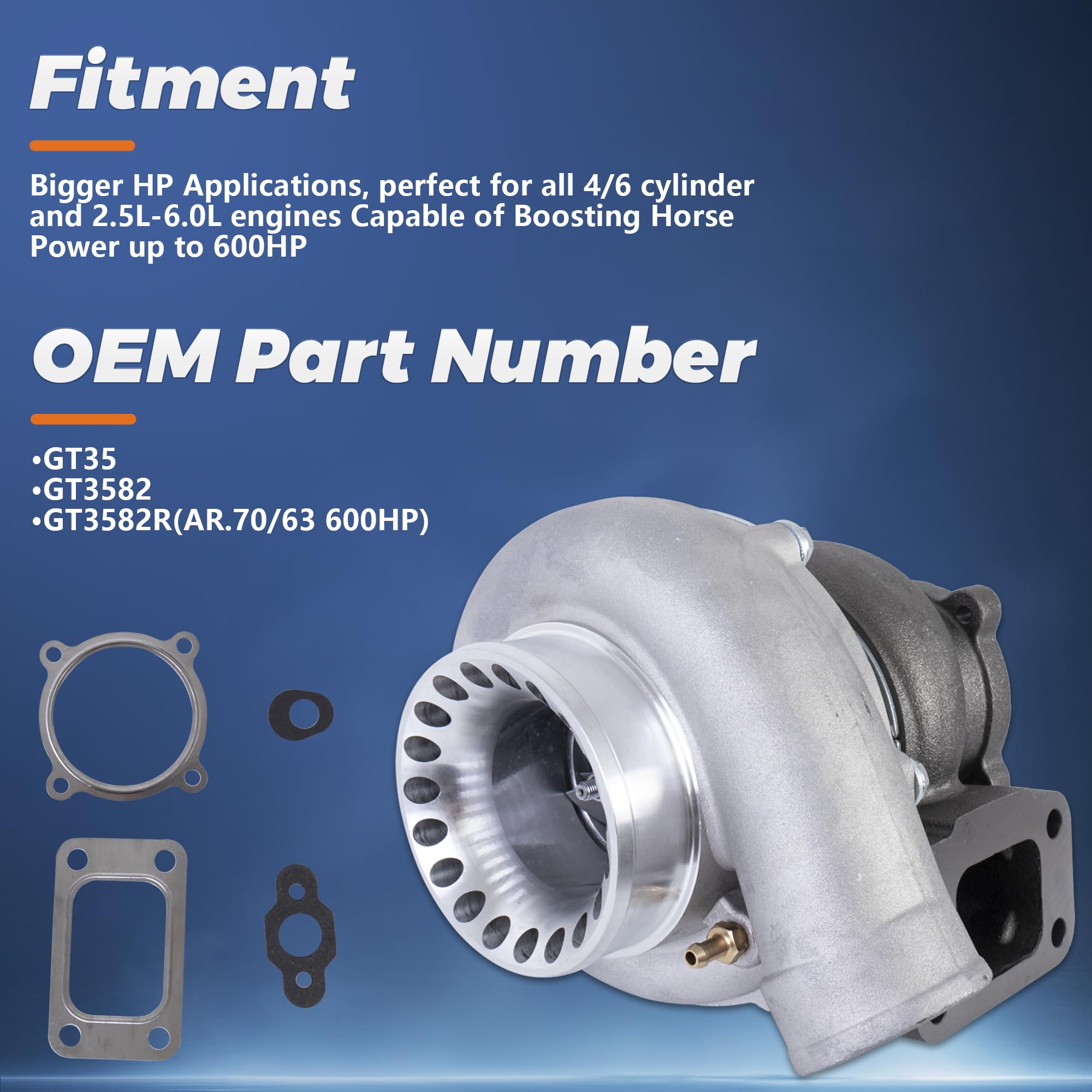 GT3582 GT35 Turbocharger with Gaskets - T3 Flange 0.63 A/R 600HP Universal Turbocharger Replacement for 2.5L-6.0L Engines - Performance Boost for Racing, Tuning & High-Power Vehicles