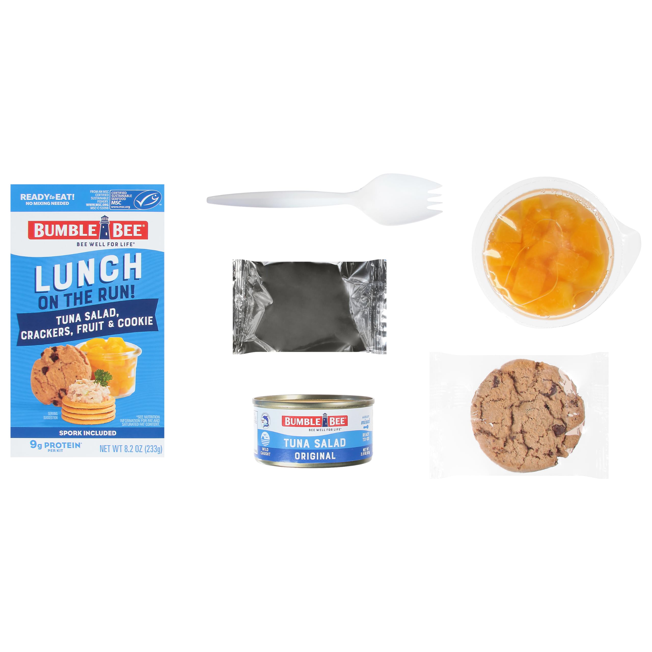 Bumble Bee Lunch On The Run Tuna Salad Kit with Crackers, Cookie & Peaches - 8.2 oz (Pack of 4) - Ready to Eat, Wild Caught Tuna - Shelf Stable, High Protein Snack for Office, School, Travel & Outdoor Activities