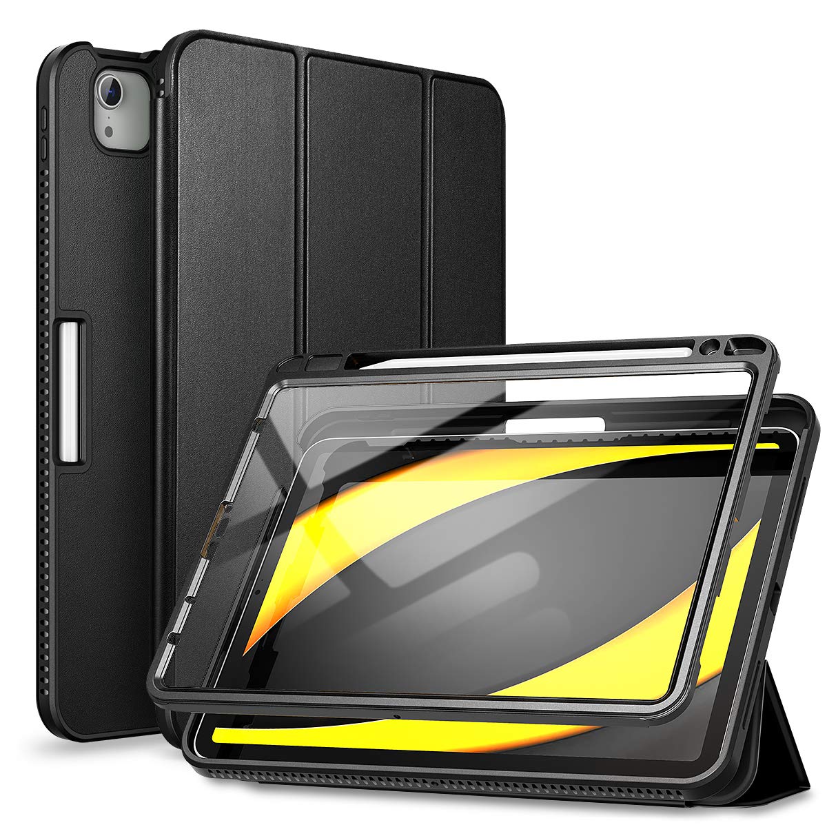 SURITCH iPad Air 4 10.9 inch 2020 & iPad Pro 11 2020 2018 Protective Case with Built-in Screen Protector, Pencil Holder & Magnetic Stand - Lightweight Full Body Cover (Not for 2021 Models) - Perfect for Work, Study & Travel - Black