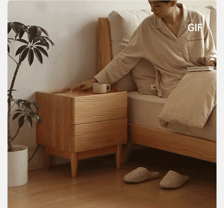 Oak Solid Wood Smart Nightstand with Wireless Charger, USB Ports & Built-in Lamp - Perfect for Bedroom, Living Room & Office