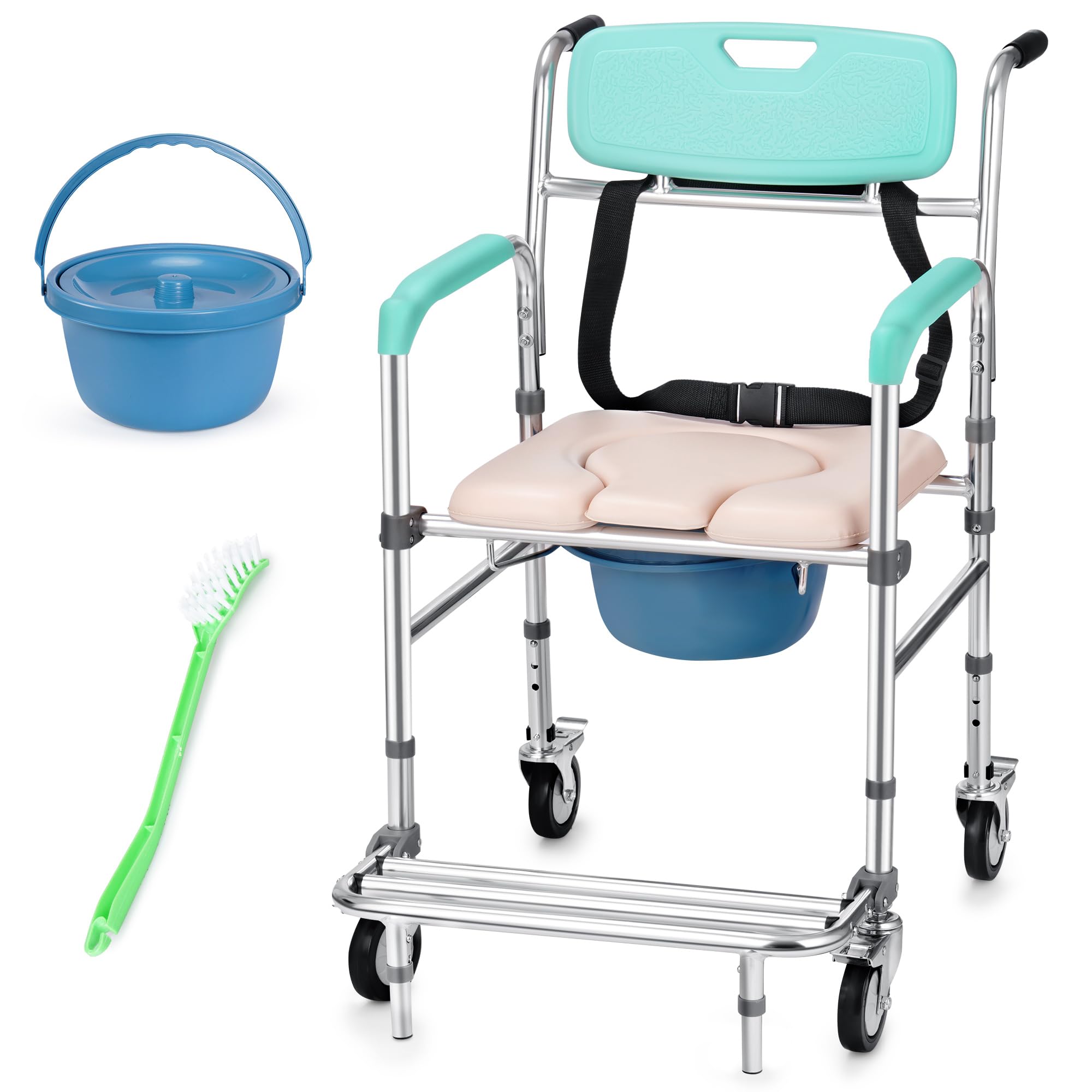 Rengue 3-in-1 Rolling Shower Chair with Wheels - Adjustable Transport Commode with Padded Seat & Detachable Bucket - 330lbs Weight Capacity - Ideal for Elderly Care, Post-Surgery Recovery & Bathroom Safety