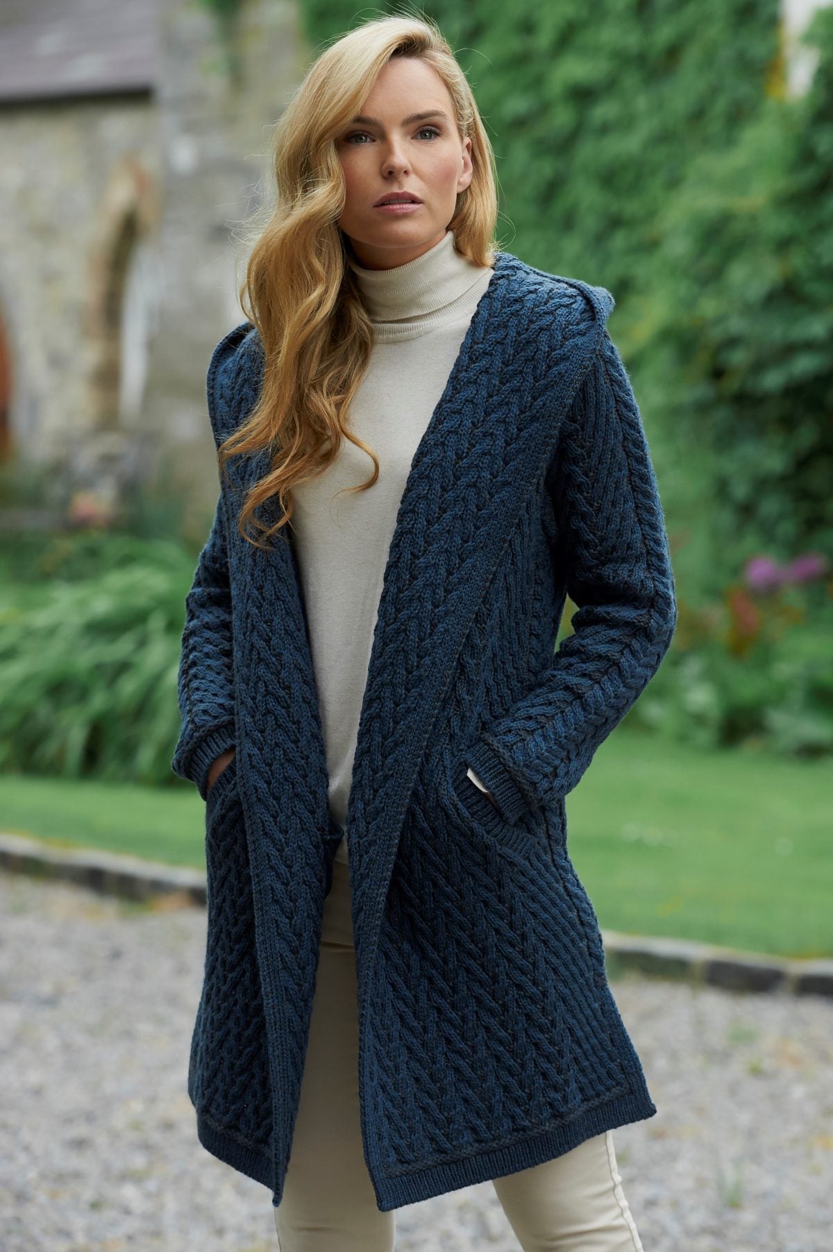 Aran Shawl Collar Hooded Cardigan Sweater for Women - Cozy Winter Knitwear in 2 Colors (Beige & Gray) - Perfect for Casual Outfits, Office Wear and Fall Layering