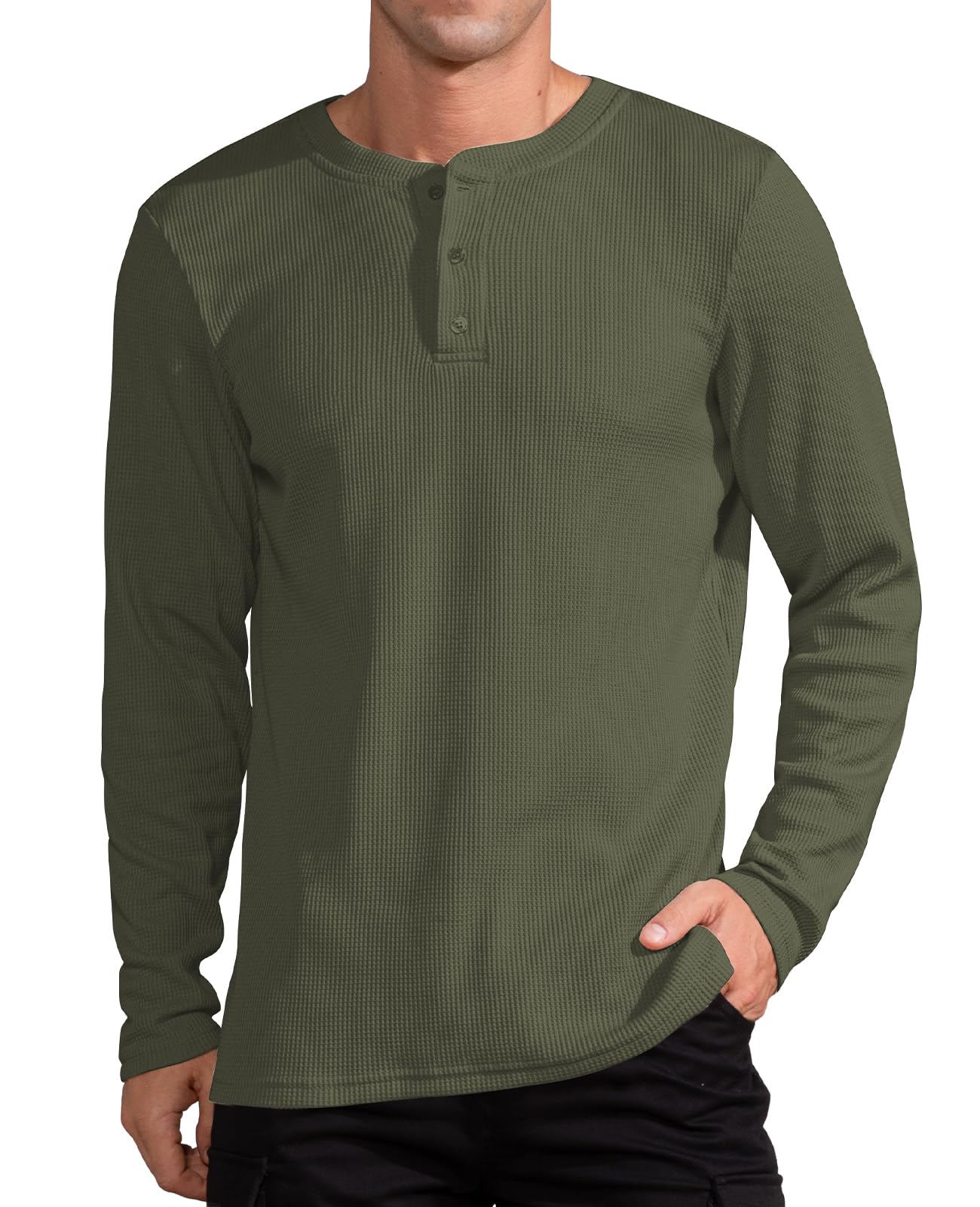 QUALFORT Men's Waffle Long Sleeve Henley Shirt - Soft Thermal Knit Top for Casual Wear, Outdoor Activities & Layering in Fall/Winter