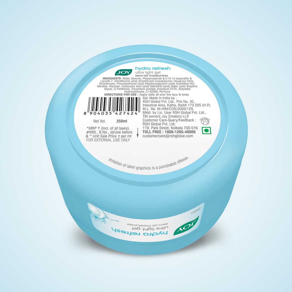 Joy Hydra Refresh Ultra-Light Gel Moisturizer - 48 Hour Hydration with Hyaluronic Acid | Oil-Free Face & Body Moisturizer for Oily, Dry & Combination Skin | 250ml | Perfect for Daily Skincare Routine & Travel