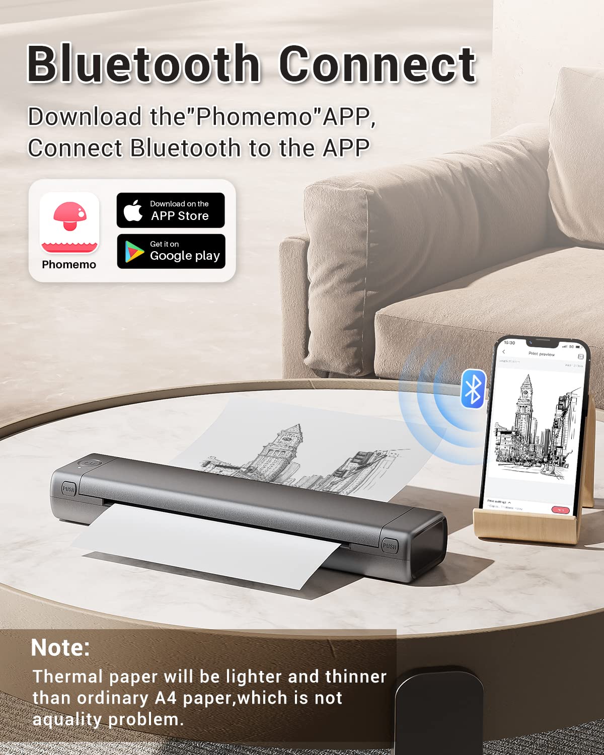 Phomemo Wireless Thermal Printer - Portable Inkless Printer for Travel & Office, Bluetooth Compatible with iPhone, Android & Laptop, Supports 8.5