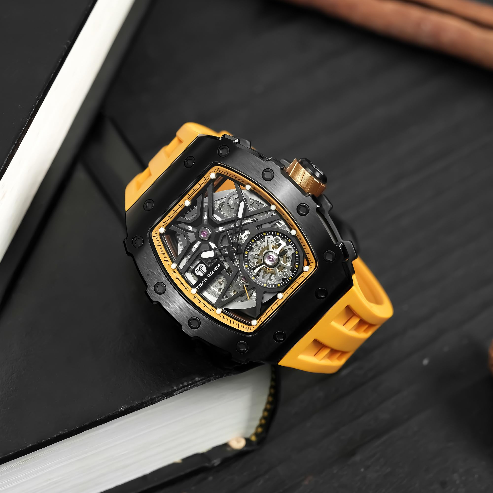 TSAR BOMBA Men's Luxury Automatic Skeleton Watch - Silver Square Big Face with Silicone Strap - 50M Waterproof Analog Watch for Business, Casual & Formal Wear - Unique Cool Gift for Men